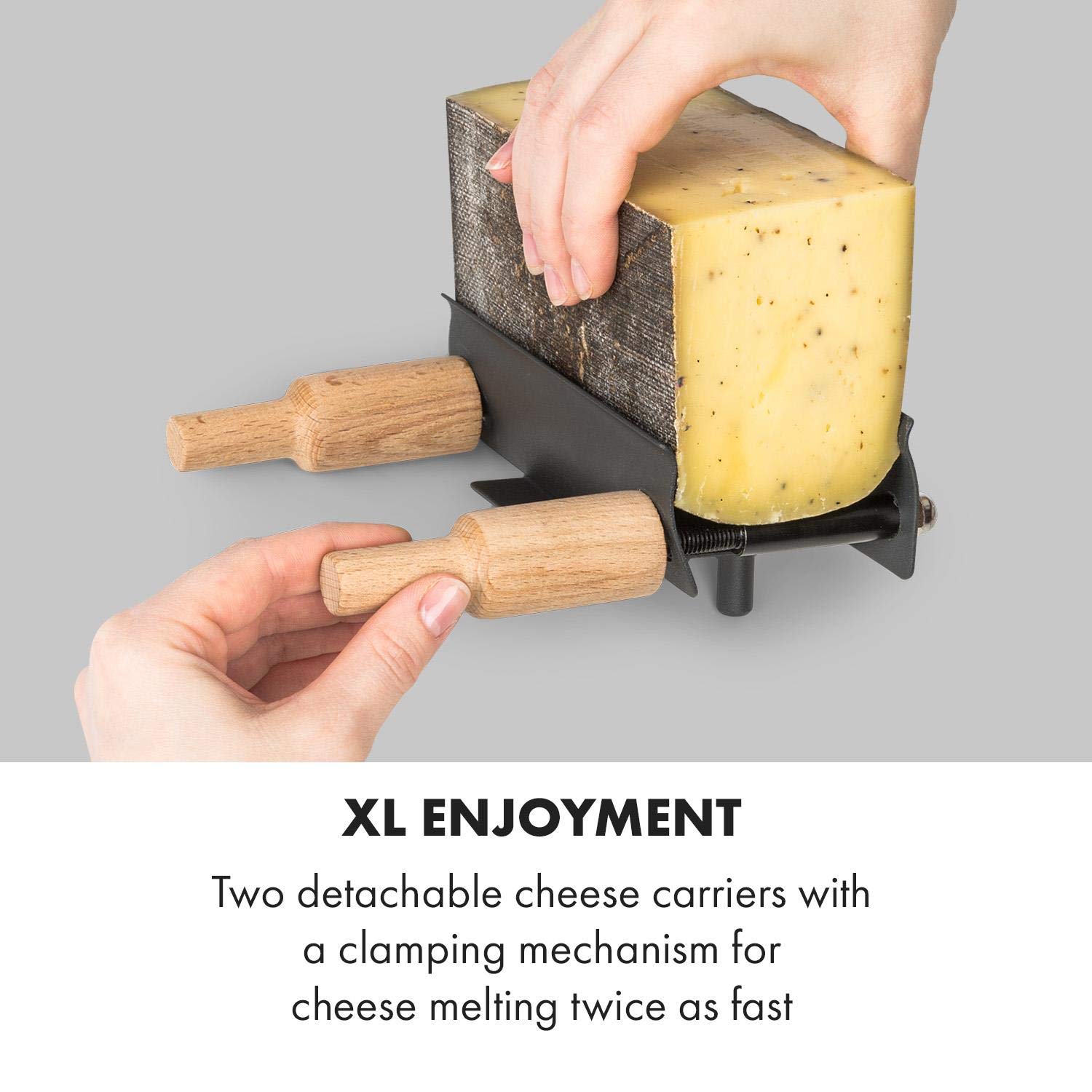 Klarstein Appenzell XL – raclette z grillem, 600 W, termostat, element grzejny ze stali nierdzewnej, płyta grillowa na górze, 2 uchwyty do sera: z regulacją wysokości/obrotową/pochyleniem, czarny