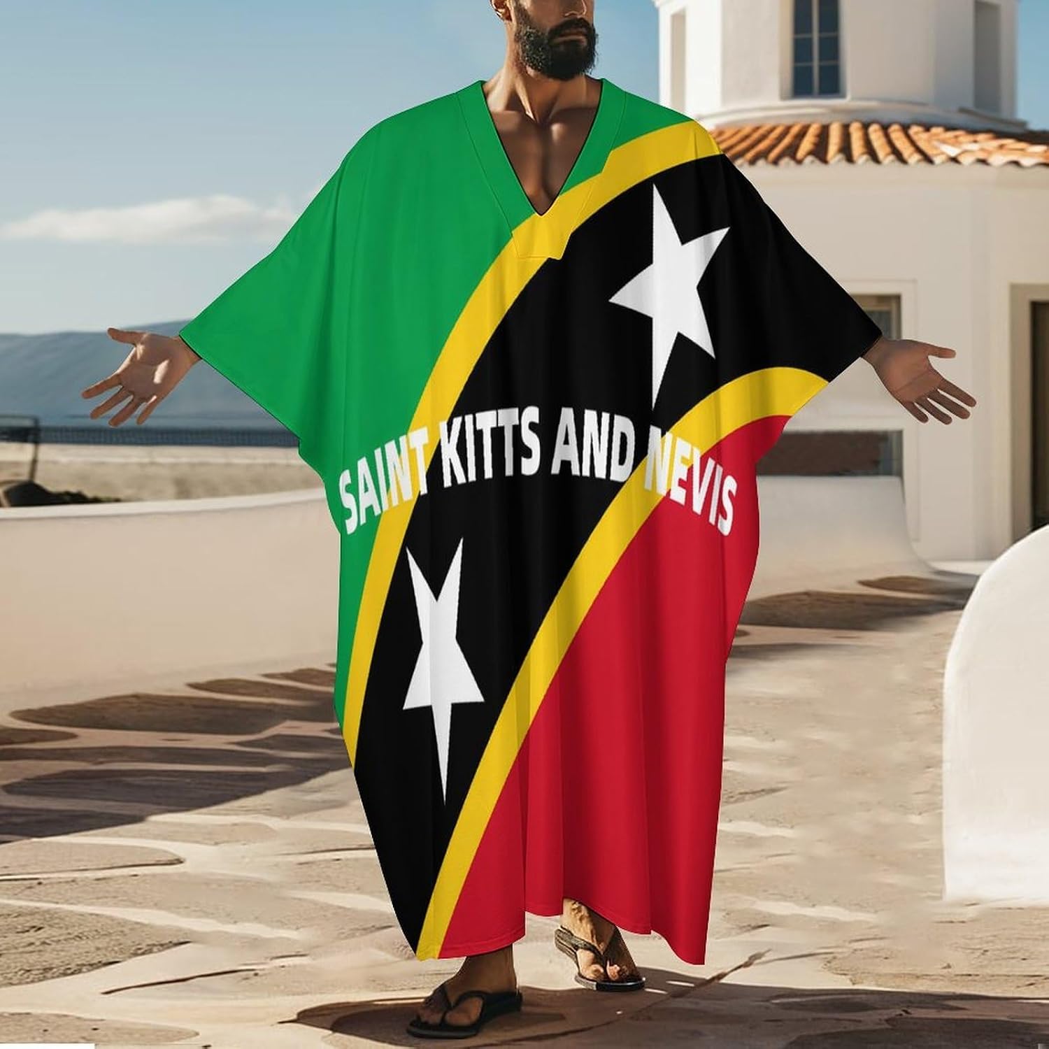 Saint Kitts And Nevis Flag Men's Kaftan Thobe V-Neck Long Gown Loose Robe