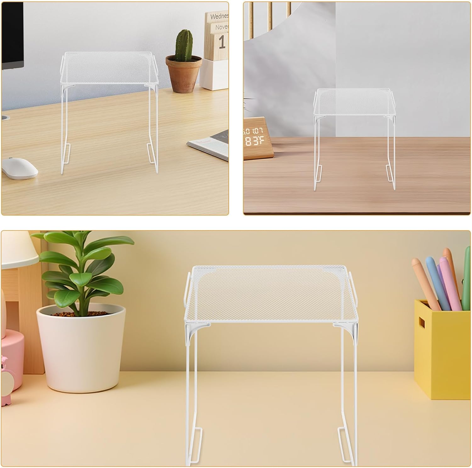 2Pcs Stackable Metal Mesh Wire Shelf, Foldable Countertop Storage Rack