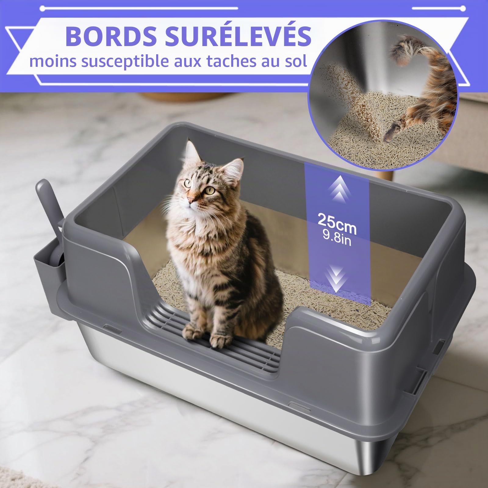 Bac à Litière en Acier Inoxydable, Masthome Grande Capacité, Anti-Renversement et Étanche, Litière Semi-fermée pour Chat avec Pelle et Tapis Inclus Design Moderne et Facile à Nettoyer