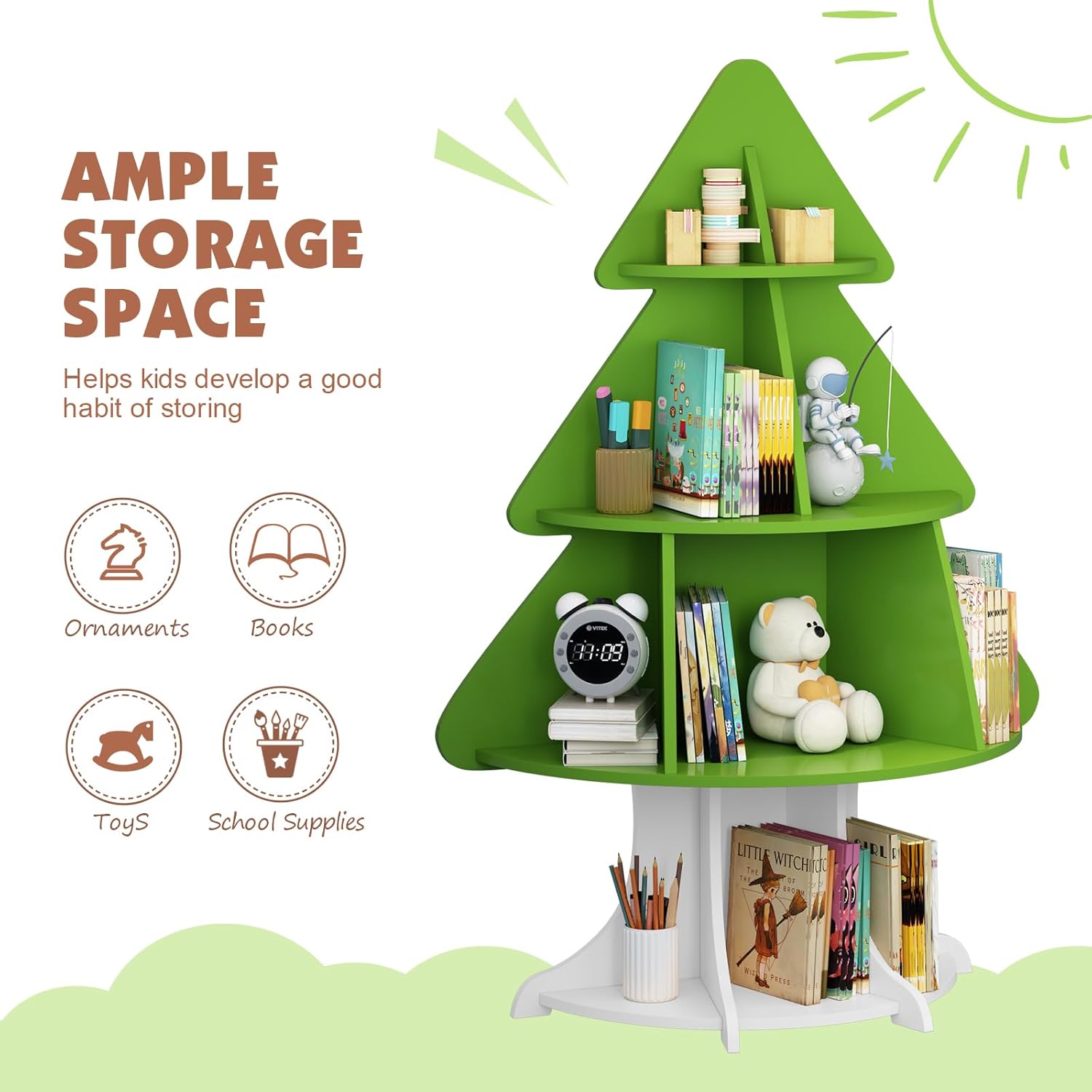 NACHES Tree Kids Bookshelf Christmas-Tree Shape Green 4 Tier, Saving Space, Good Looking Ample Storage Organizer, Meet Various Storage Needs, for Kid Room, Bedroom, Playhouse, Nursery