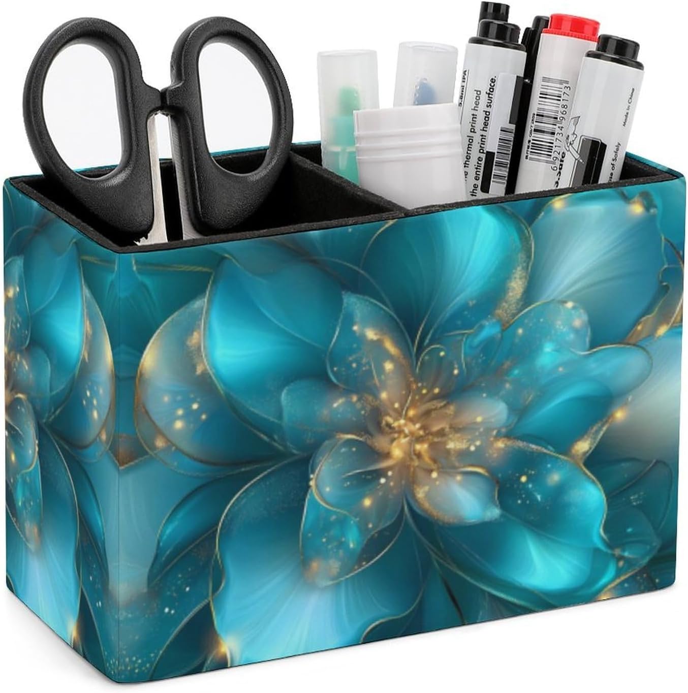 Turquoise Flowers Abstract Pencil Pen Holder PU Leather Desk Storage Organizer Makeup Brush Box