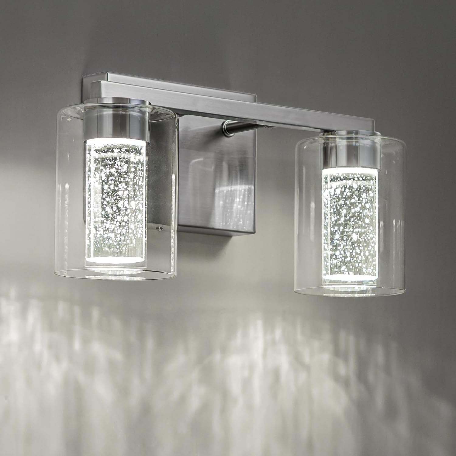 SineRise 2-Light Brushed Nickel Vanity Light with 3 Color Modes (3000K/4000K/6000K), Eye Protection LED Bathroom Light Fixture, Dimmable Modern Wall Light Over Mirror with Clear Glass Shade