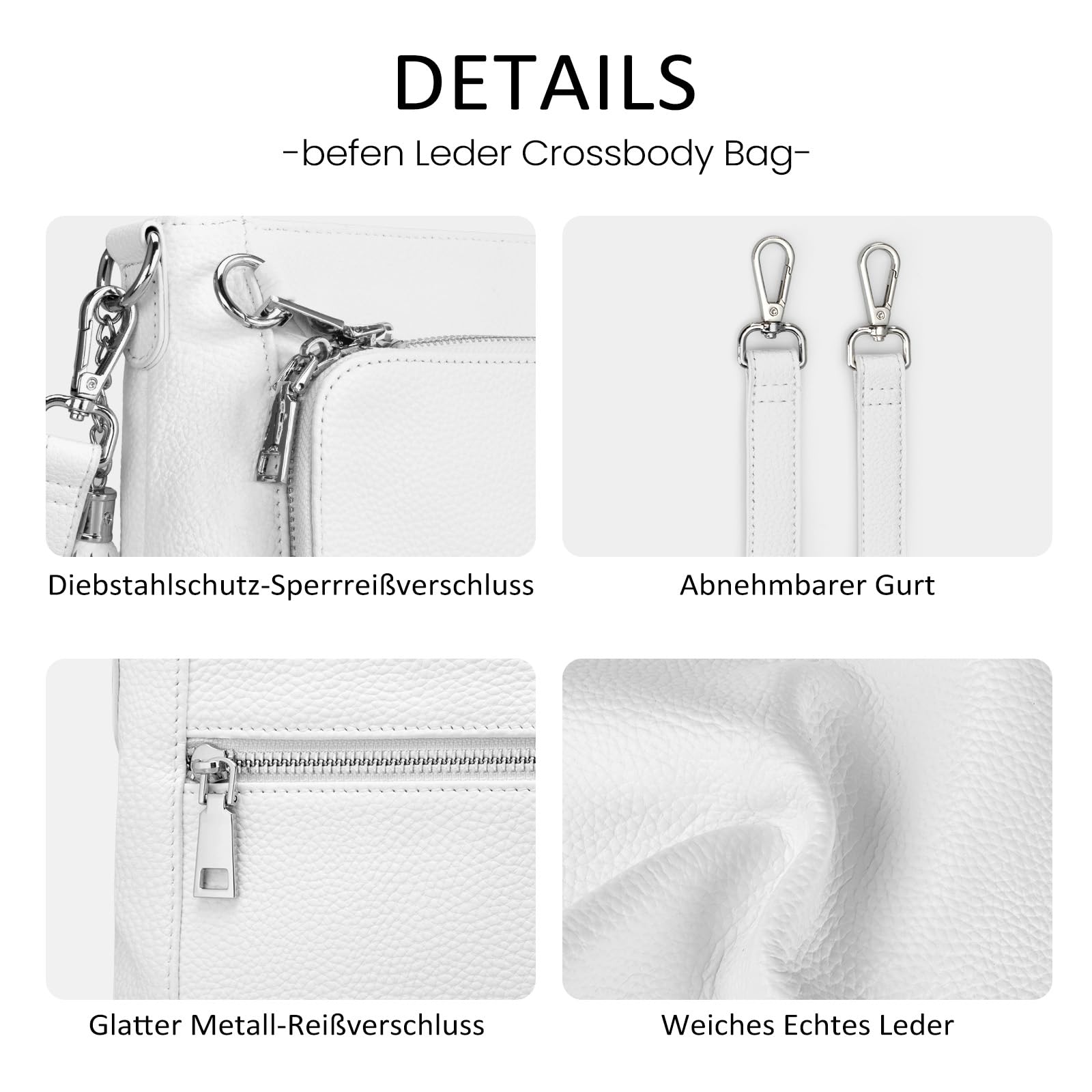 befen Echtleder Umhängetasche Damen mit Anti Diebstahl, Leder Handtasche | RFID-Blockierung Crossbody Bag Damen Klein Tasche, Handytasche zum Umhängen mit integrierter Brieftasche