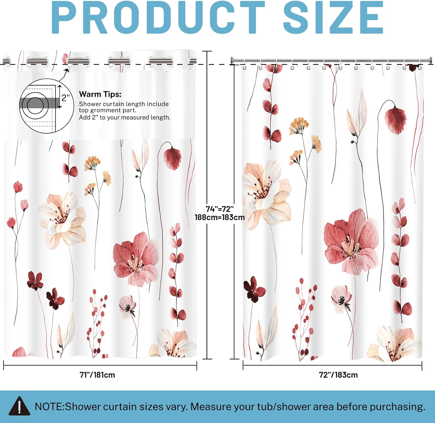WITHLOC No Hook Shower Curtain with Snap in Liner - Floral Shower Curtain - Fabric Waterproof Inner Liner, Plants Watercolor Red Modern Cloth Shower Curtains - Machine Washable, 71 x 74