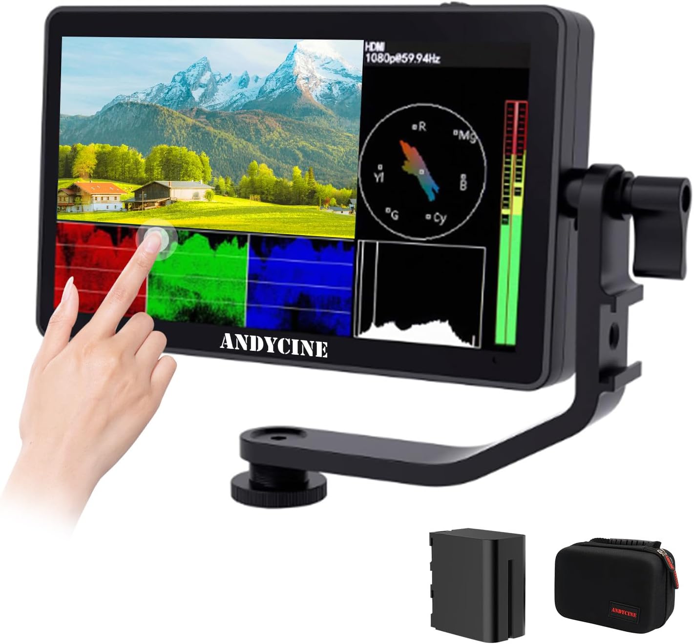 ANDYCINE C50 5.5 Inch 1600nits High Brightness Touch Screen Camera Field Monitor Bundle - Full HD 1920x1080, 4K HDMI Input, 3D LUT, Waveform, Focus Assist with F970 Battery, Carry Case & Sunshade