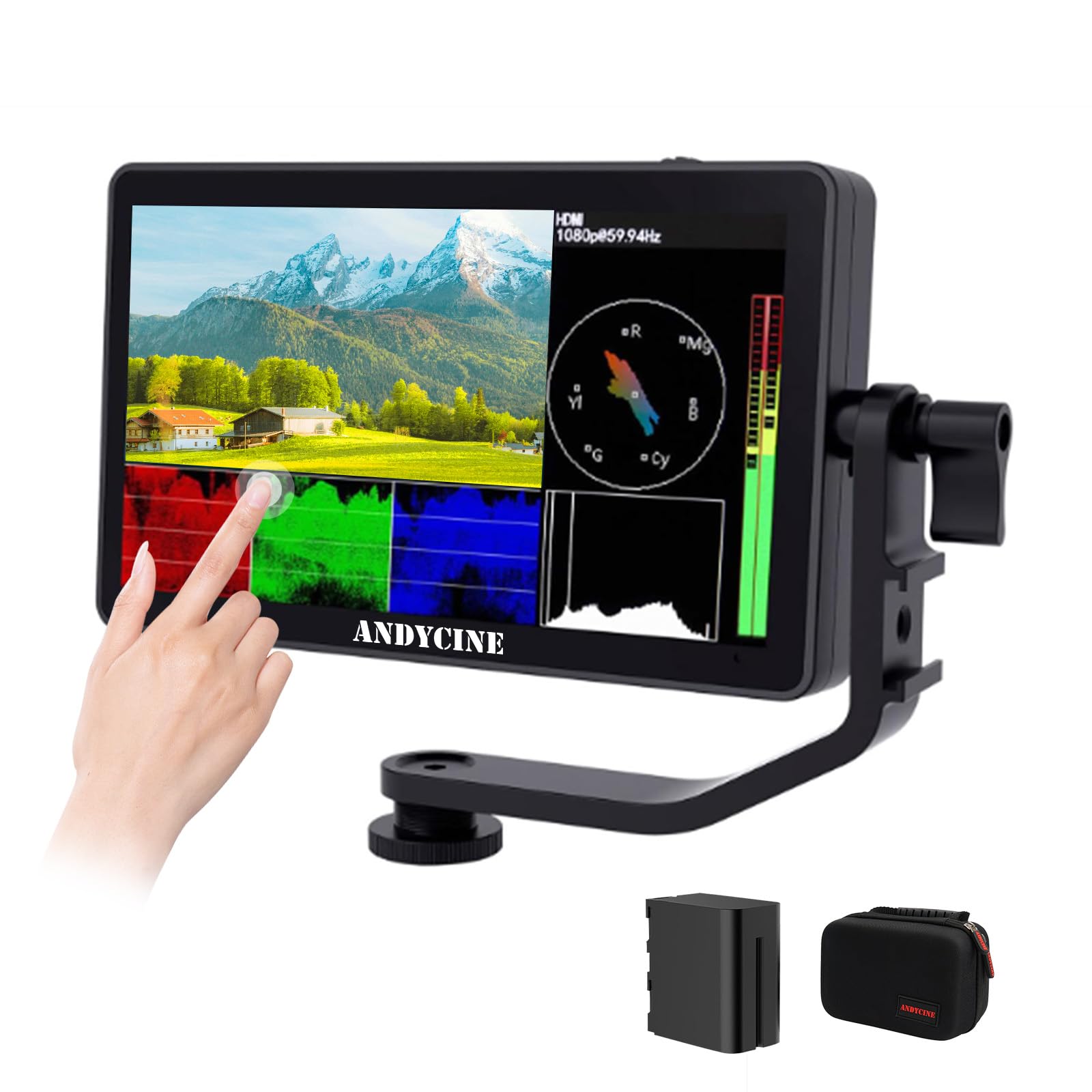 ANDYCINE C50 5.5 Inch 1600nits High Brightness Touch Screen Camera Field Monitor Bundle - Full HD 1920x1080, 4K HDMI Input, 3D LUT, Waveform, Focus Assist with F970 Battery, Carry Case & Sunshade