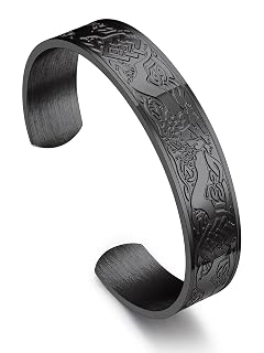 Bandmax Mens Cuff Bracelet Stainless Steel Black Open Cuff Bracelets Viking Runes Metal Bracelet Wristband Gift for Men