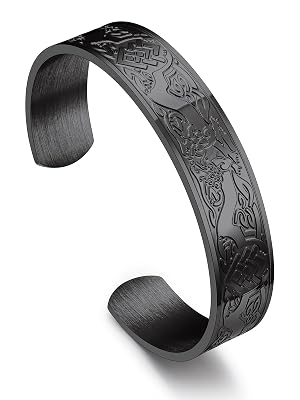 Bandmax Mens Cuff Bracelet Stainless Steel Black Open Cuff Bracelets Viking Runes Metal Bracelet Wristband Gift for Men
