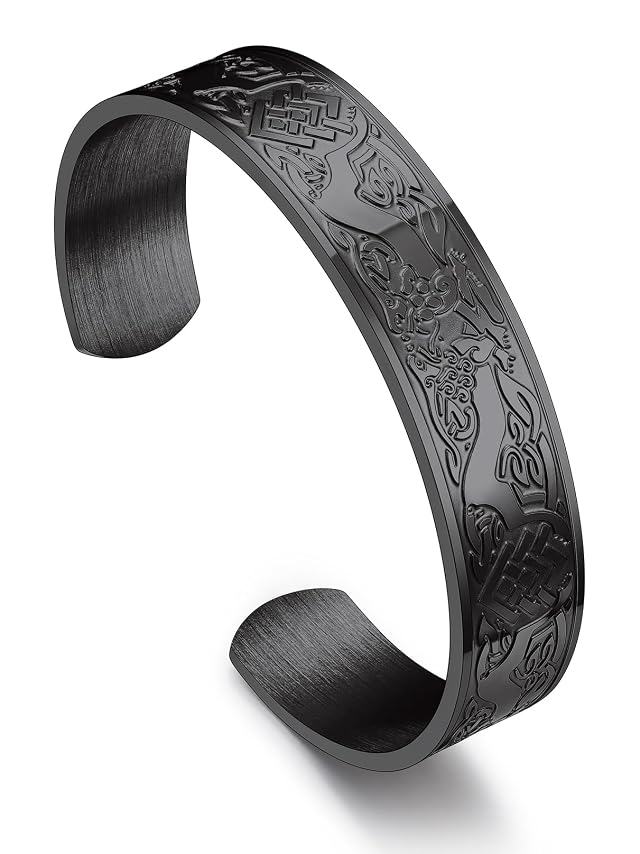 Bandmax Mens Cuff Bracelet Stainless Steel Black Open Cuff Bracelets Viking Runes Metal Bracelet Wristband Gift for Men