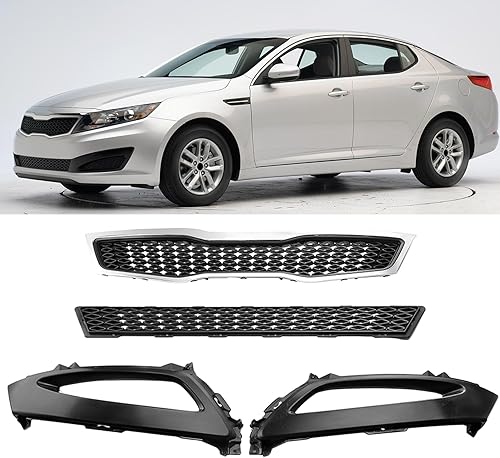 MotorFansClub Rejilla superior de parachoques delantero + rejilla inferior con 1 par de cubiertas de bisel de lámpara antiniebla para Kia Optima