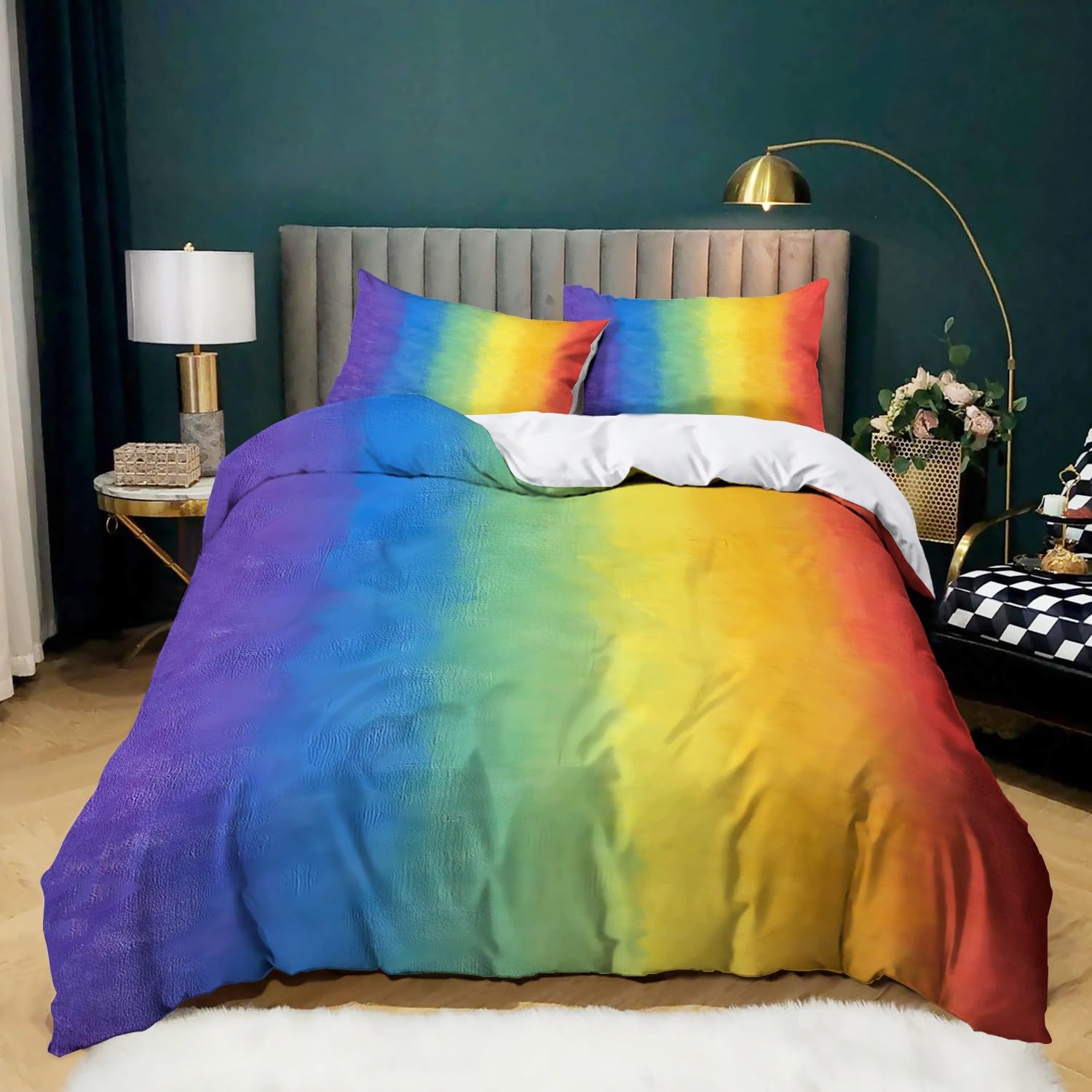 Housse de couette 220x240 arc-en-ciel avec 2 taies d'oreiller en microfibre pour lit ado