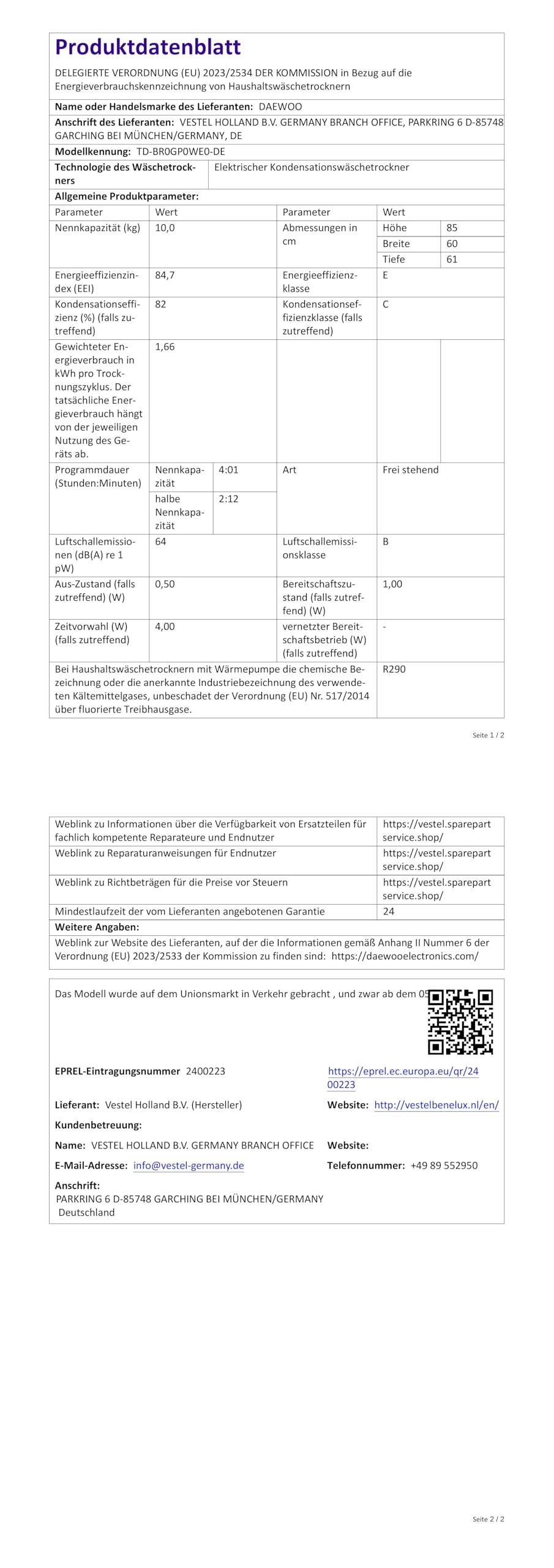Daewoo TD-BR0GP0WE0-DE Wäschetrockner, 10kg, E, 15 Trockenprogramme inkl. 20-Minuten-Schnelltrockenprogramm, Weiß