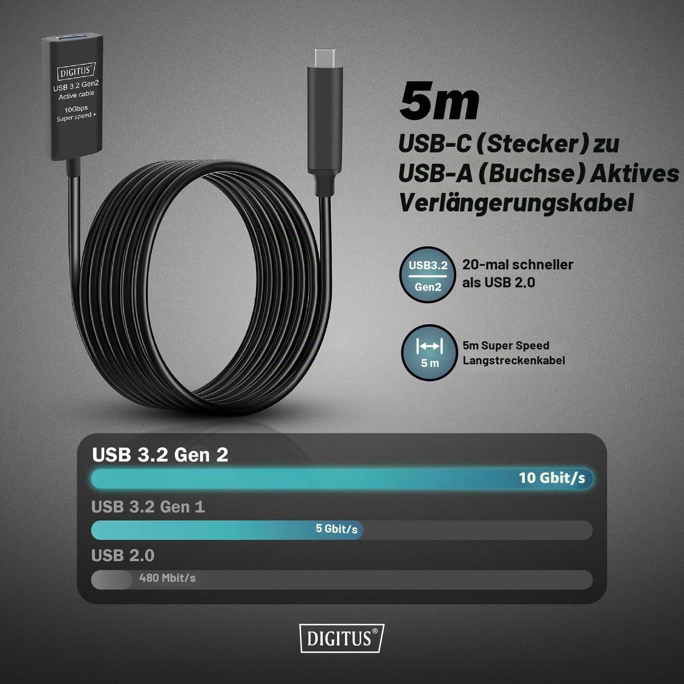 DIGITUS Aktives USB 3.2 Gen2 Verlängerungskabel – 5 m – 10 Gbit/s | USB-C Stecker auf USB-A Buchse – Repeaterkabel – Plug und Play – Schwarz