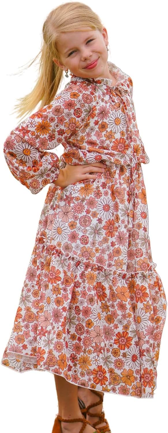 fioukiay Girls Fall Dress Long Lantern Sleeve V-Neck Floral Printed Smocked Waist Maxi Dresses Holiday