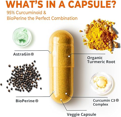 Miniatura 4 de Curcumina de cúrcuma con pimienta negra BioPerine 1400 mg, soporte GLP-1 naturalmente, suplemento de cúrcuma de absorción máxima para apoyo