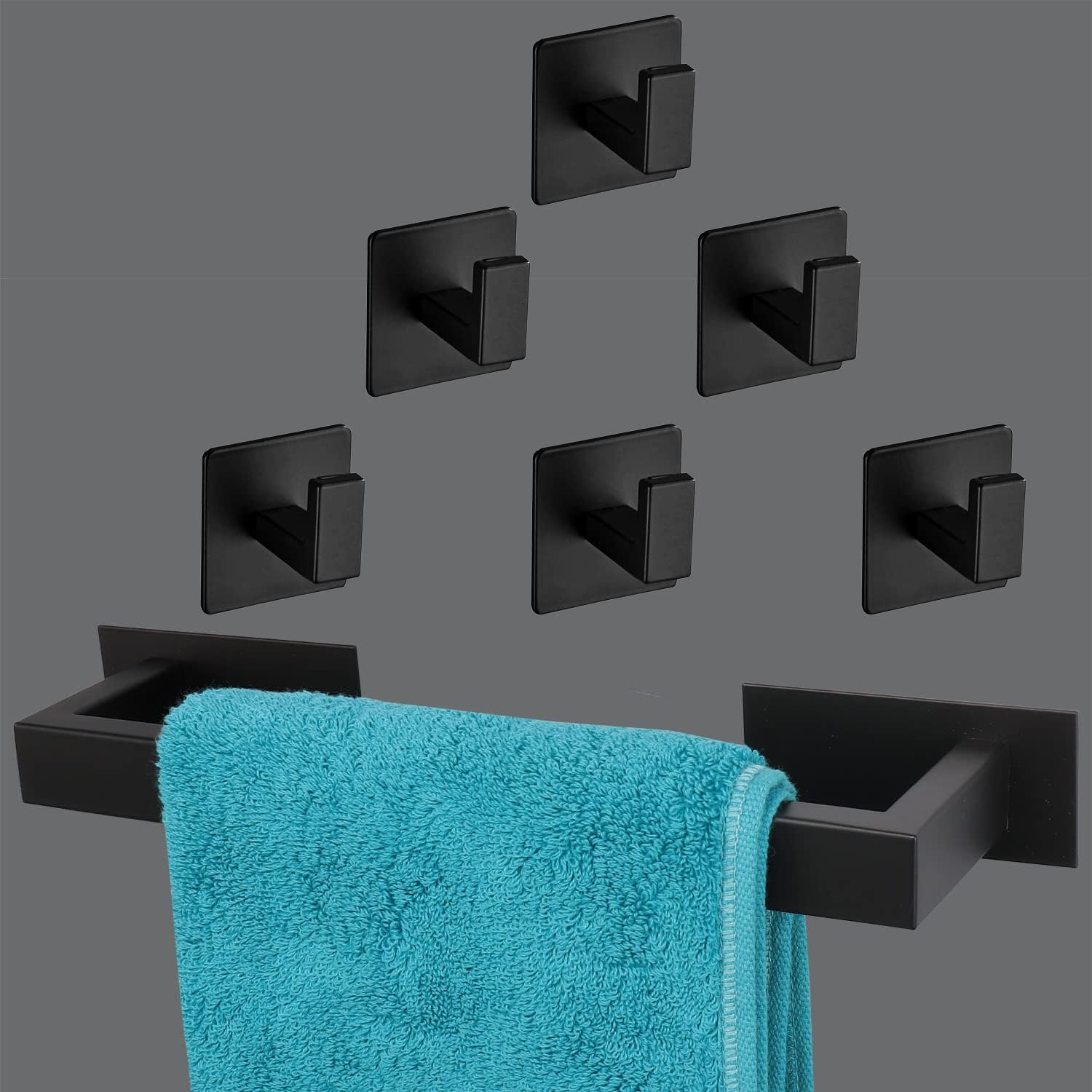 Self Adhesive 12 Inches Square Towel Bar + 6 Pcs Adhesive Square Coat Hooks, Sturdy No Drilling Towel Rack and Robe Hook Premium 304 Stainless Steel Bathroom Accessories for Bathroom Kitchen