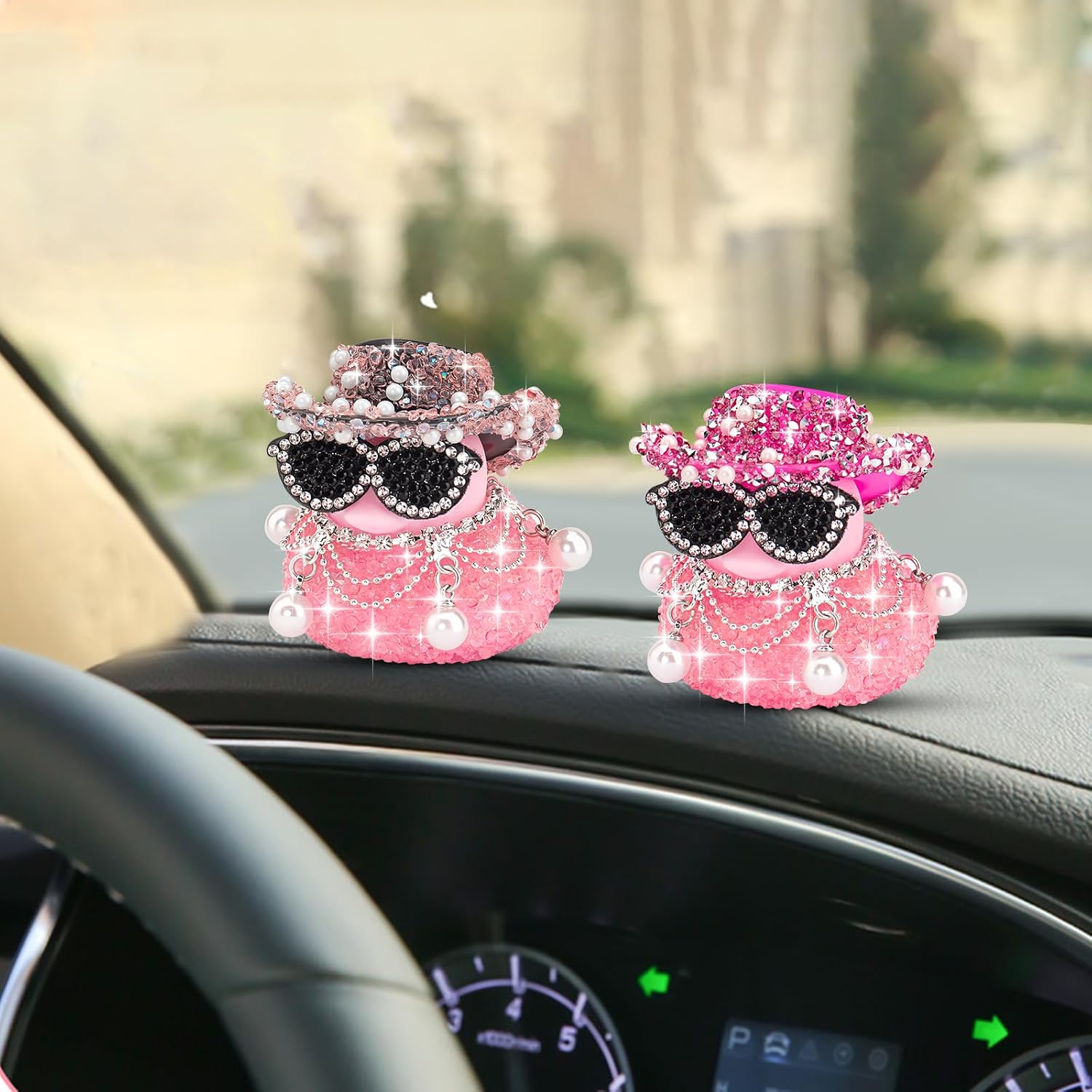 wonuu Diamond Rubber Duck Car Dashboard Decorations Car Ornaments for Cool Car Accessories Pearl Necklaces, Layered-Rose