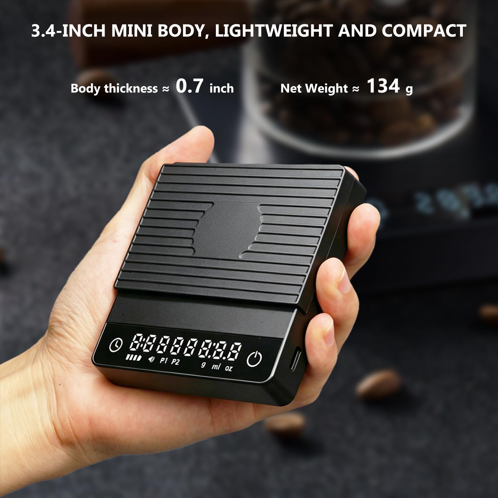 Mini-Kaffeewaage mit Timer, wiederaufladbare Espressowaage mit Schwerkraftsensor, 2 kg/0,1 g, hochpräzise digitale Küchenwaage für Espresso & Übergießen, Schwarz