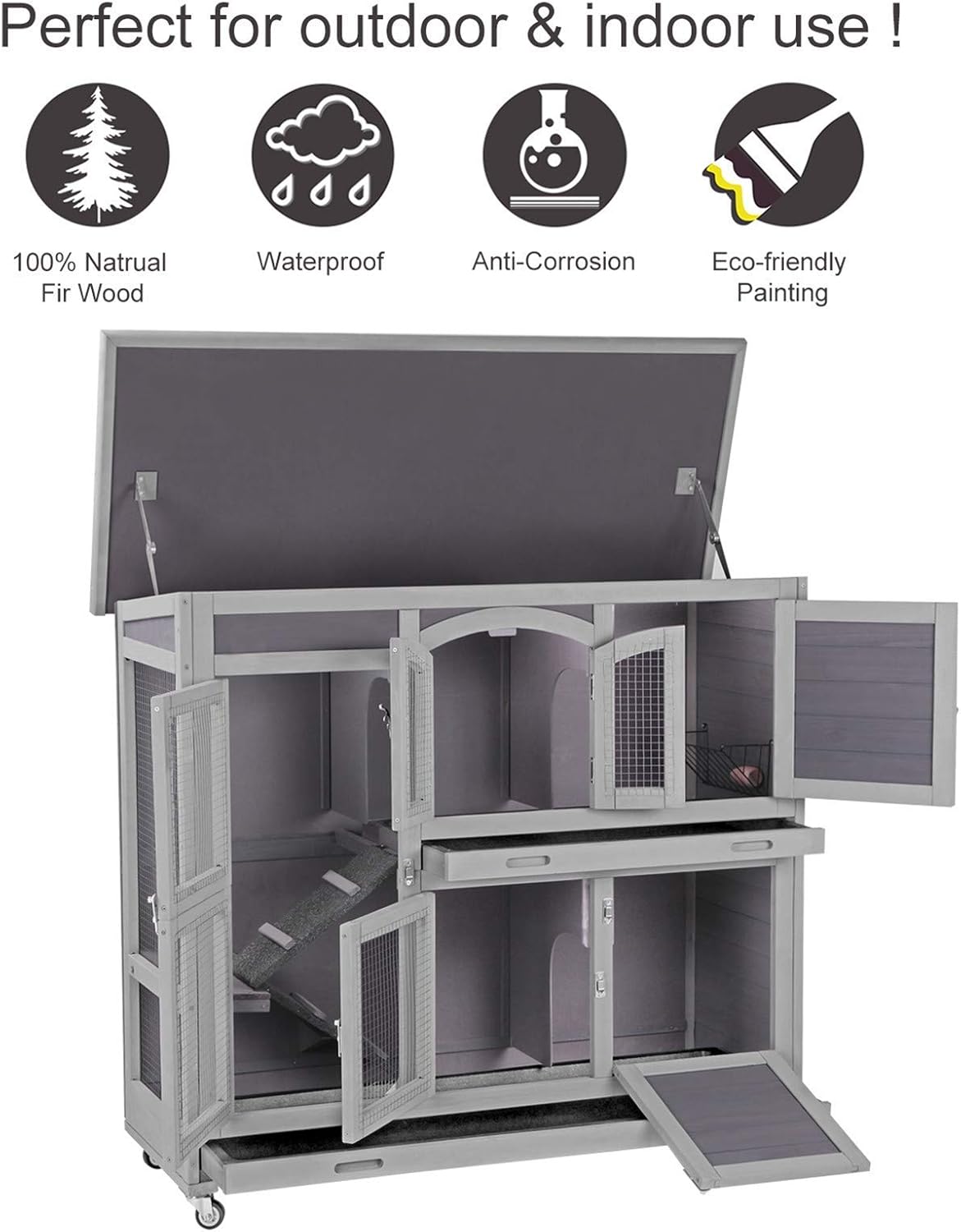 GUTINNEEN Rabbit Hutch Indoor Outdoor Bunny House Guinea Pig Cage on Wheel with Plastic Tray-47inch : Pet Supplies
