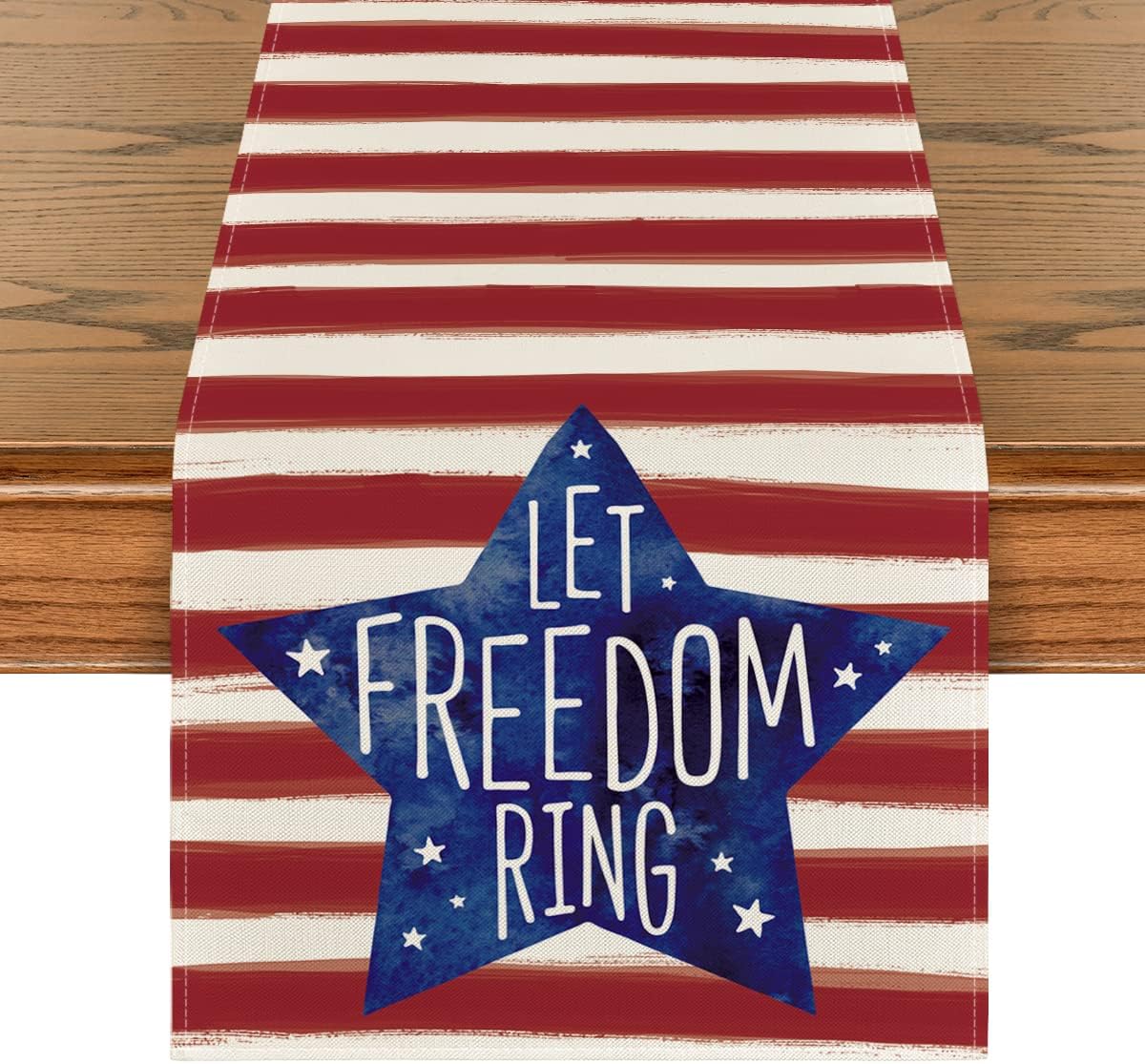 Artoid Mode Patriotic Watercolor Stripes Star Table Runner Let Freedom Ring, Seasonal 4th of July Memorial Day Independence Day Kitchen Dining Table Decoration for Home Party Decor 13 x 36 Inch