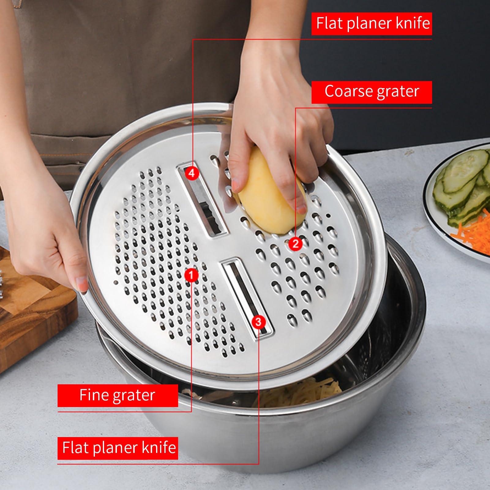 GERMANY Multifunktionales Edelstahlbecken, 3 in 1 Multifunktionales Edelstahlbecken Sieb Set, Küchenreibe Set, Sieb und Abflusskorb für Gemüse 26.0 cm