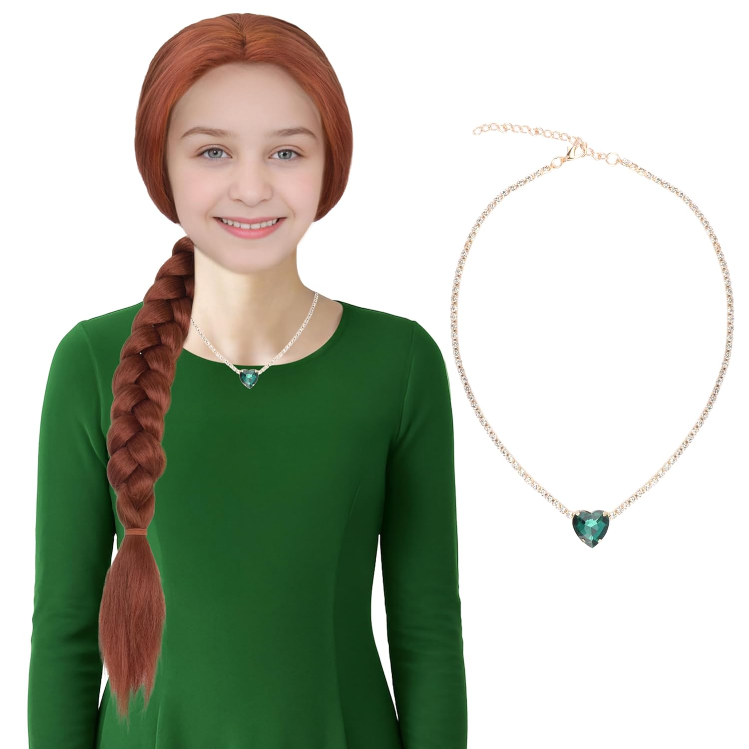 Miss U Hair Long Plaited Reddish Brown Braided Wig with Necklace and Green Ribbon Cosplay Party Wig for Small Head