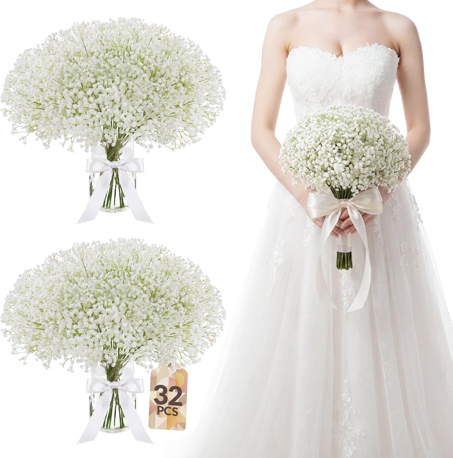 32 Pcs Babys Breath Artificial Flowers Bulk, 20" Faux Flowers with Long Stems for Tall Vases, 108 Lush Blooms, Anti-Shedding, for Wedding, Party & Event Centerpieces