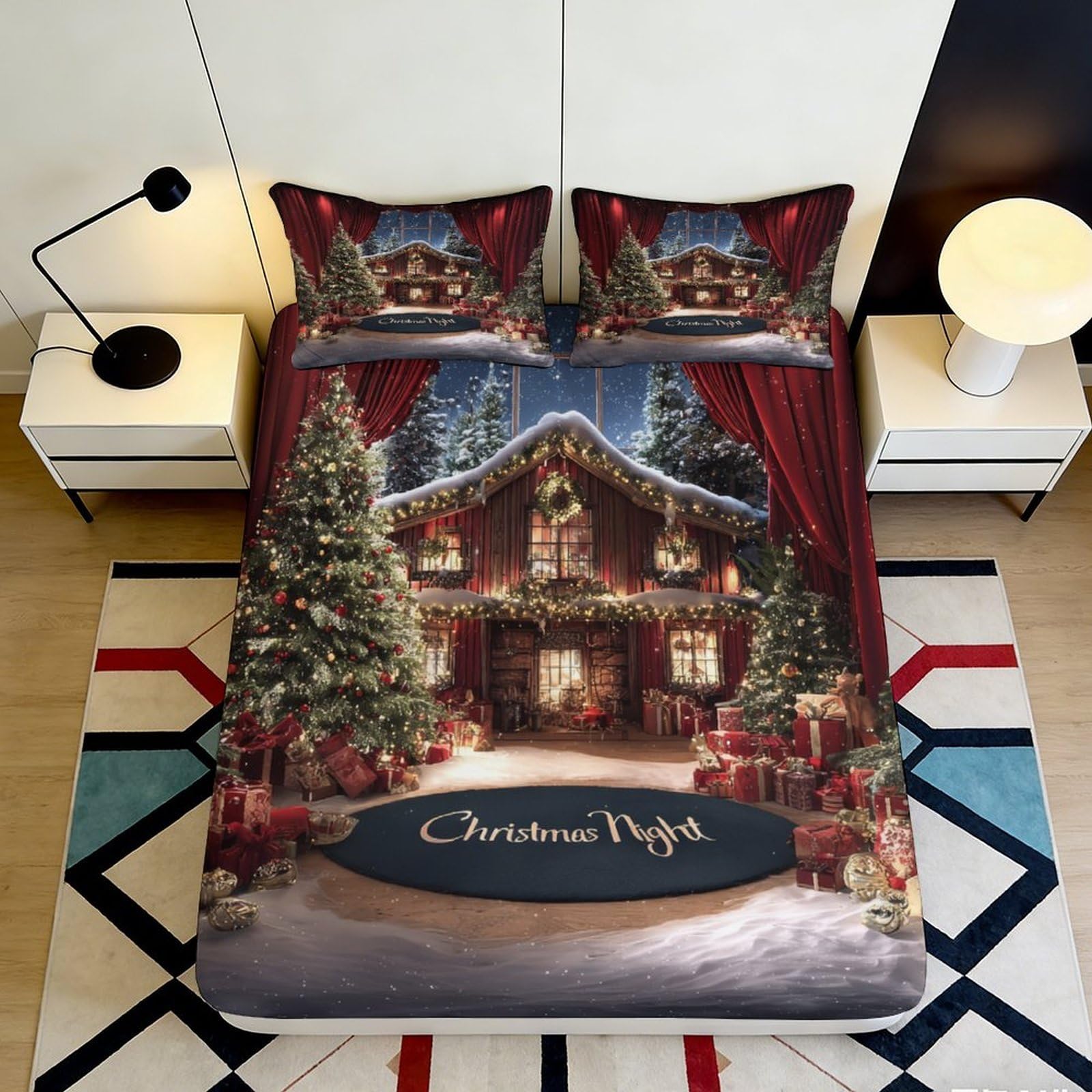 3D Printed Christmas Cabin Fitted Sheet Microfiber Soft Red Festive Tree Bed Cover for Bedroom Guest Room Decor 90x200x25cm