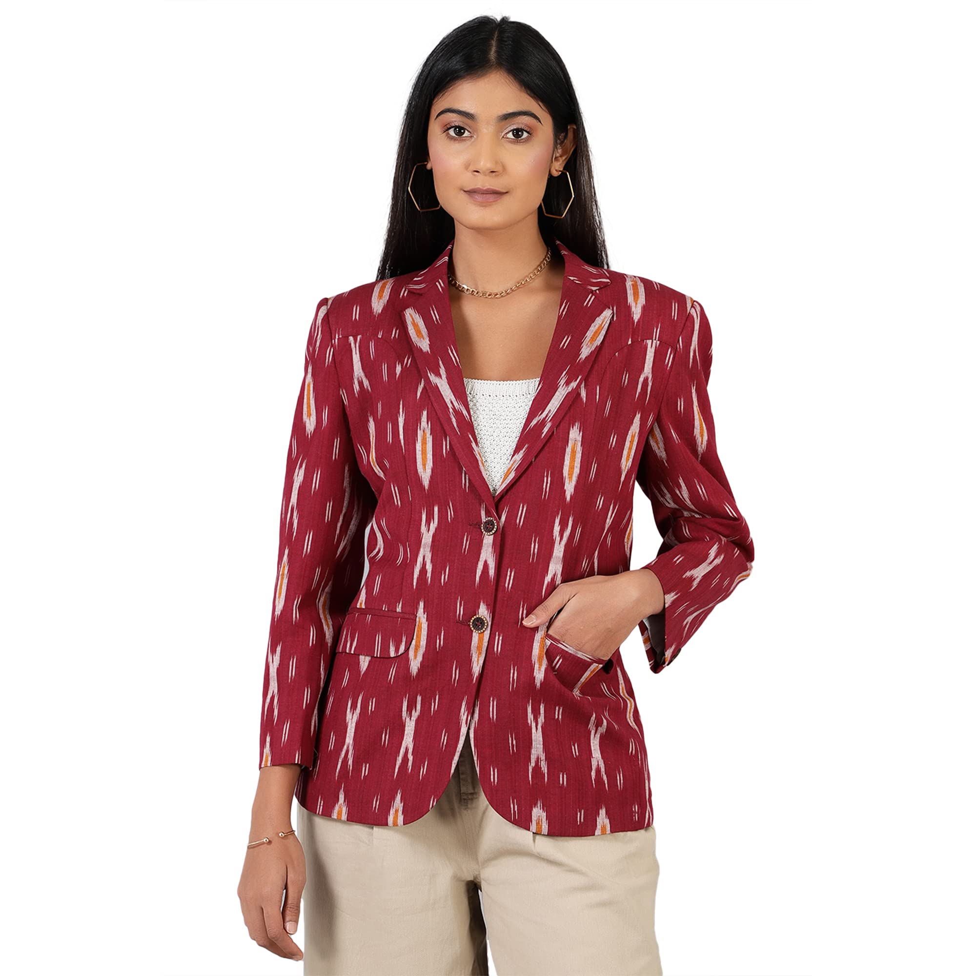 Women's Ikat Cotton Tie and Dye Single Breast Two-Button Blazer-picture-51