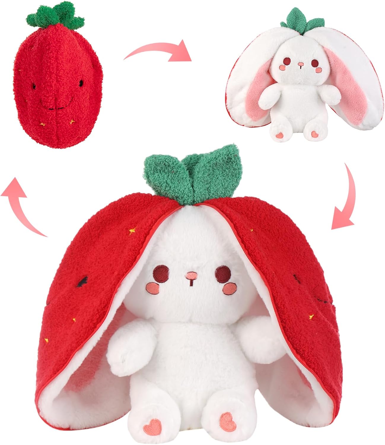 Emoin Easter Reversible Bunny Stuffed Animal, 10-Inch Cute Strawberry-to-Bunny Transformed Plush Toy with Zipper, Soft Strawberry Bunny Plush for Kids Adults Birthday Gifts