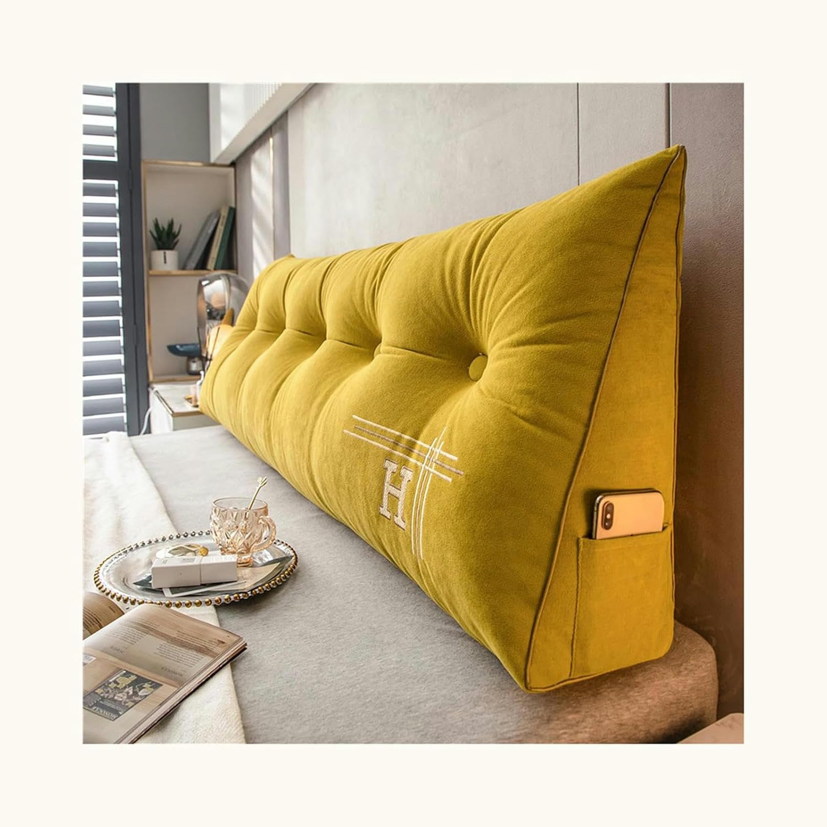 Coussin triangulaire pour tête de lit grand format avec poche latérale noire