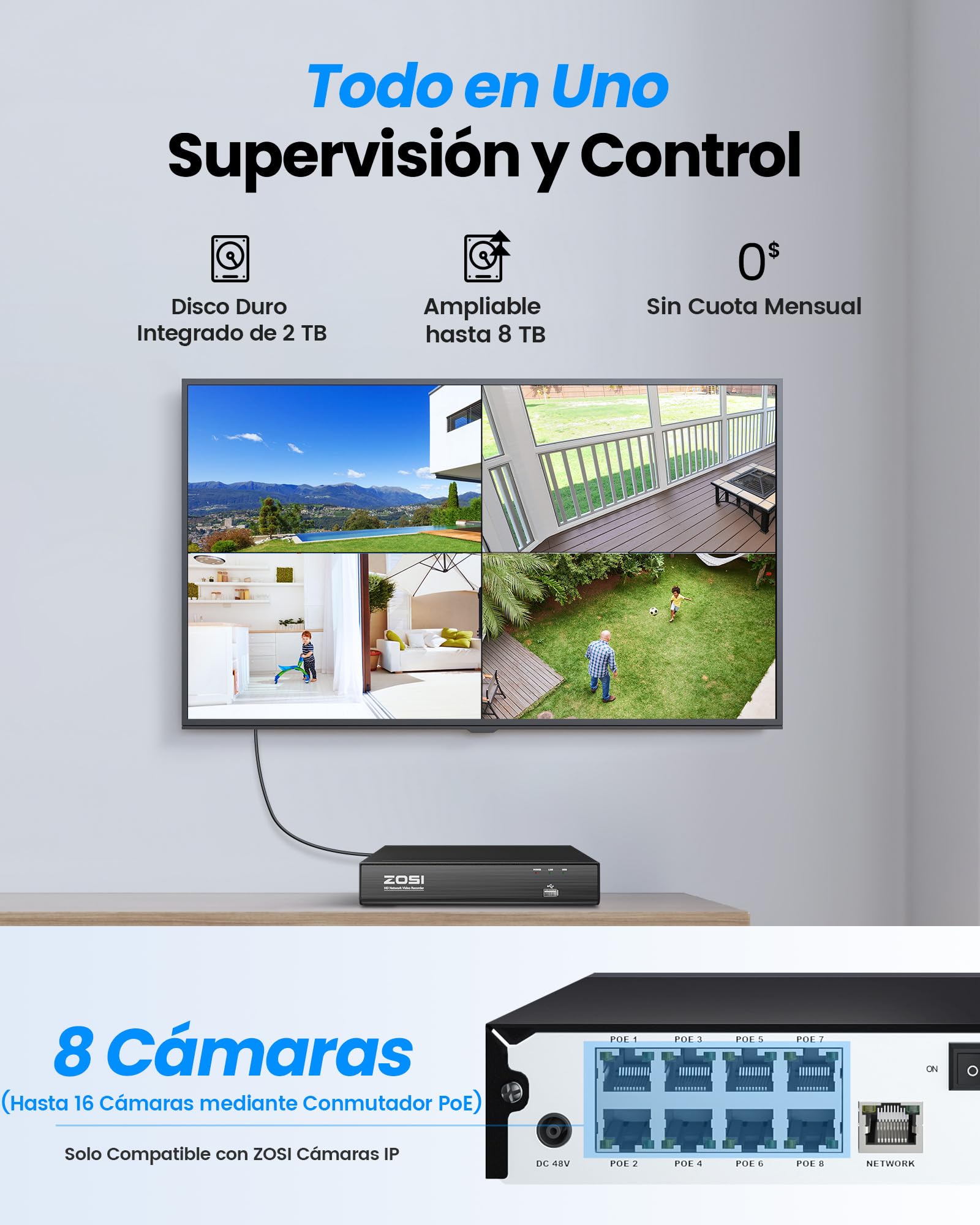 ZOSI Kit Cámaras de Vigilancia PoE 4K 8CH 2TB 8MP Exterior Vista 360° Detección Personas Vehículos Audio Bidireccional Seguimiento Automático