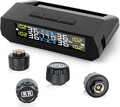 RV Tire Pressure Monitoring System, Wireless TPMS with Solar Charger and USB, 4 Sensors and 6 Alarm Modes Real-time Color LCD Display Tire Pressure Monitor System for SUV Mpv Sedan Truck