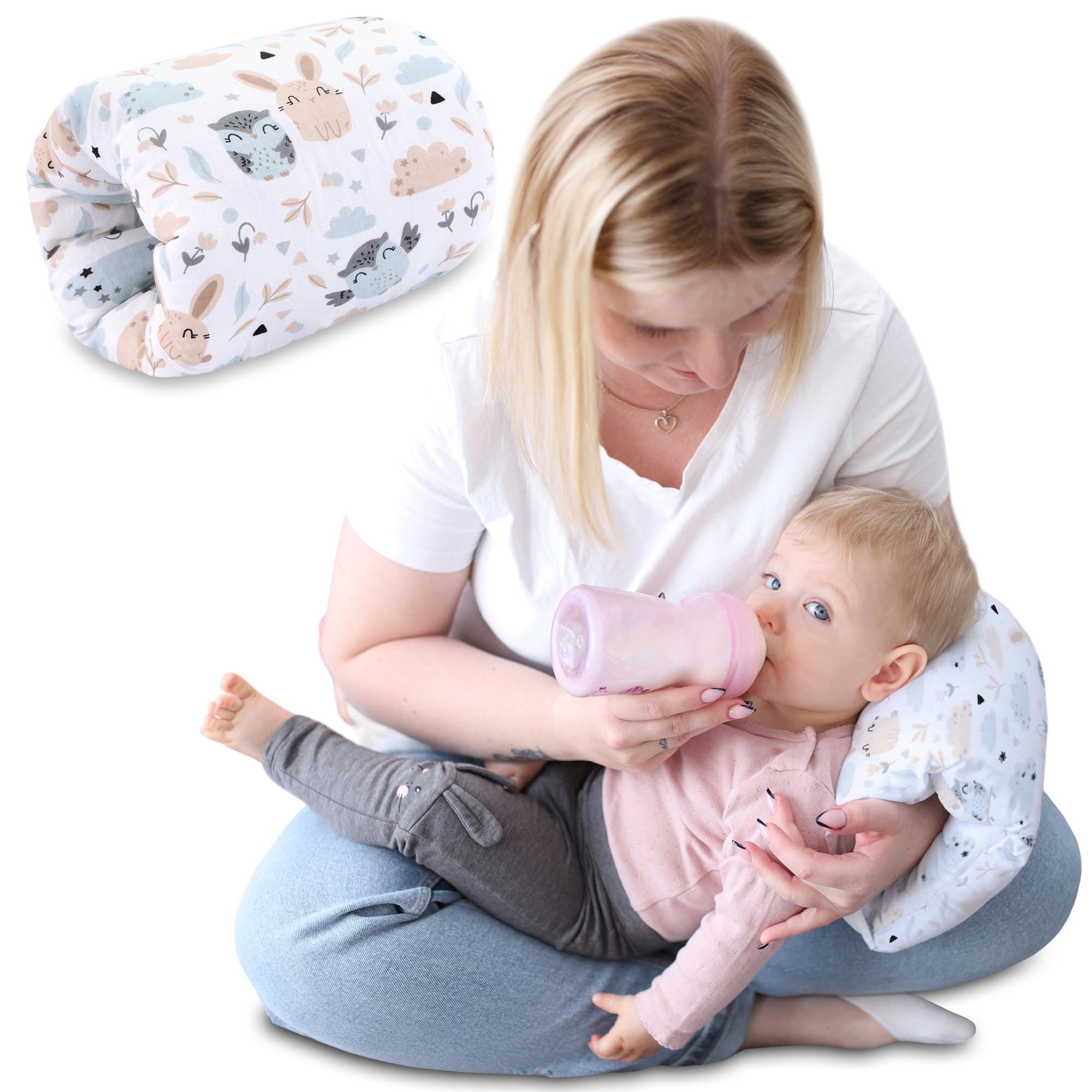 Totsy Baby Cuscino per allattamento piccolo Manicotto per allattamento Ø20cm - mini cuscino da braccio in cotone per neonati per allattare e dare biberon in movimento Gufi bianchi