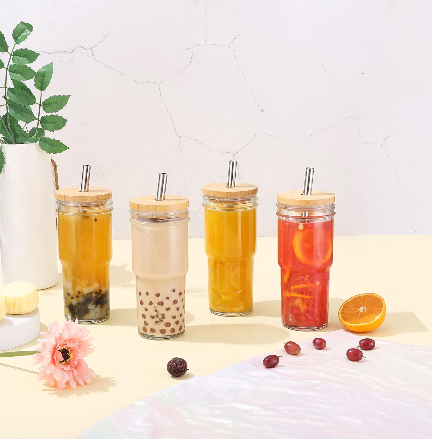 4 Pcs 24 oz Glass Cups With Bamboo Lids and Straws & 4 Airtight Lids, Reusable Smoothie Cups Mason Jar Drinking Glasses Iced Coffee Cups Glass Tumbler for Bubble Tea, Juice, Gift - Image 8