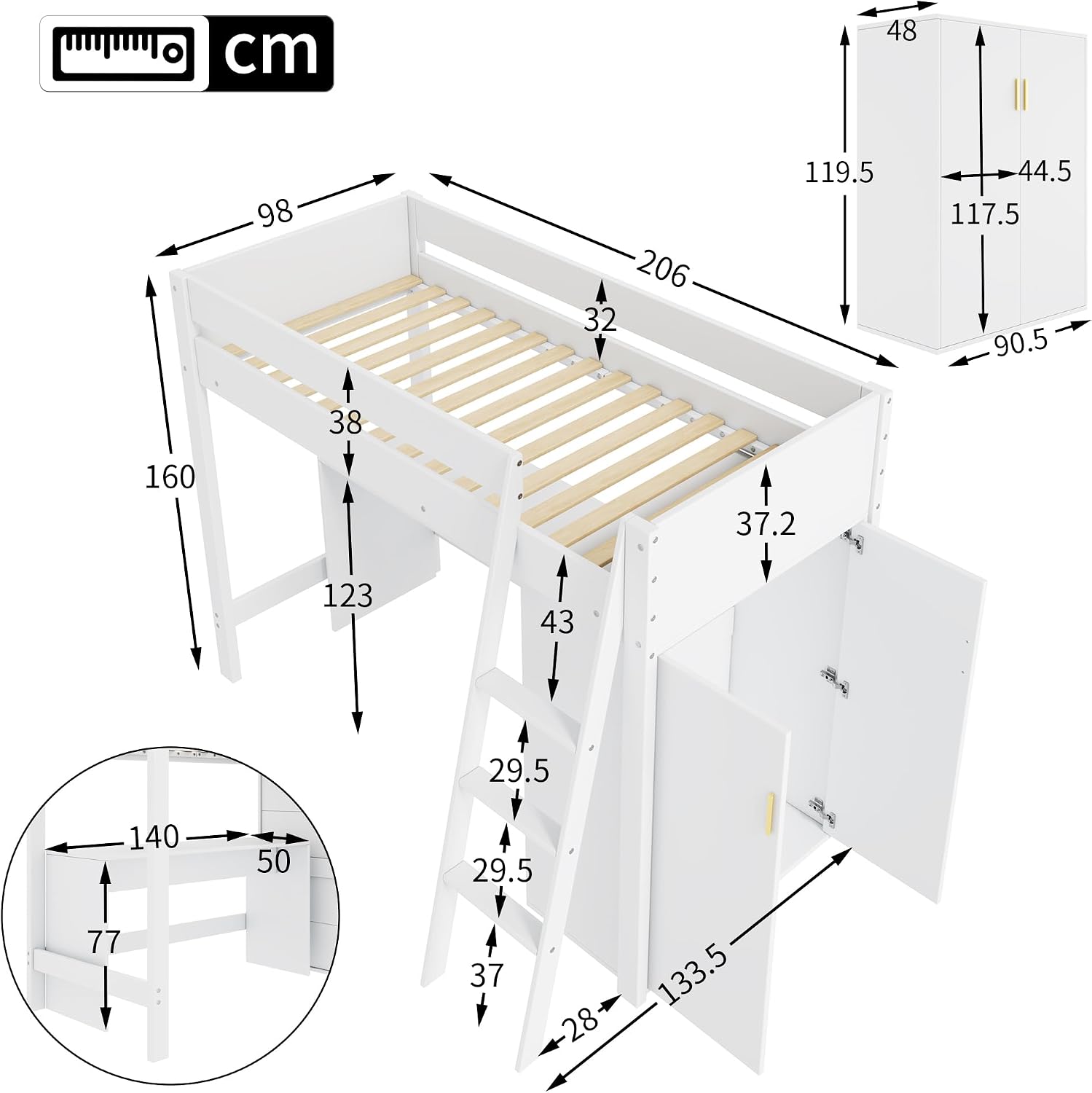 Detailed dimension diagram of the ModernLuxe Children's Loft Bed, showing length, width, and height measurements in centimeters for the bed, desk, and wardrobe.