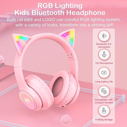 Miniatura 5 de SIMGAL Auriculares Bluetooth con orejas de gato para niños modo inalámbrico y con cable auriculares plegables con micrófono luz LED RGB para niñas