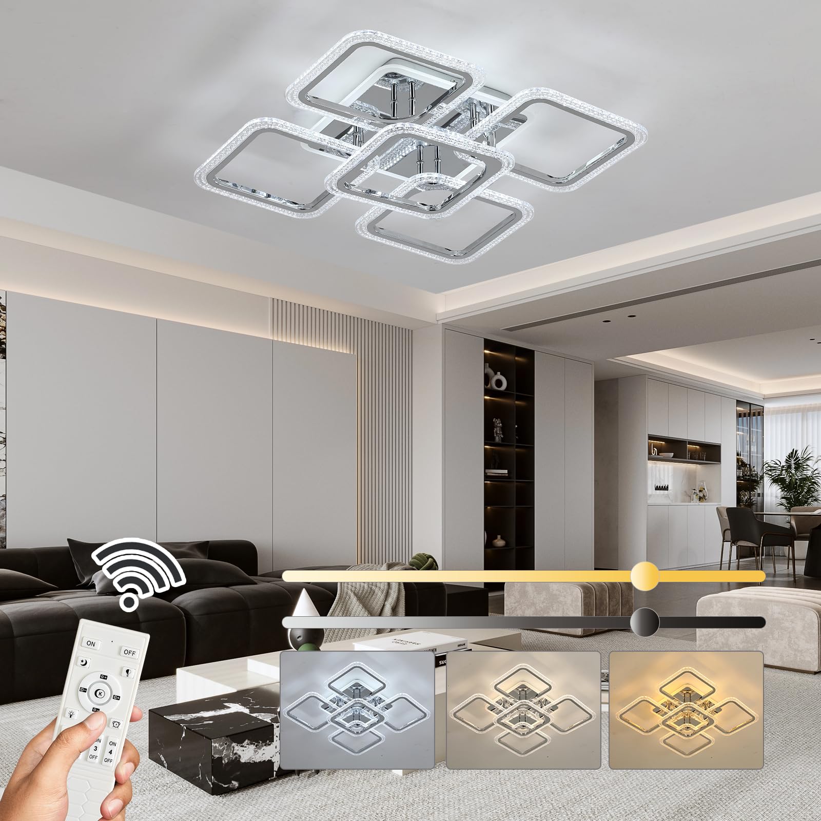 ZAITINZ Plafoniere da soffitto,5 piazza combinazione Plafoniera led soffitto,Lampadario soggiorno dimmerabile 3000-6000 K,adatto per camera da letto, cucina, corridoio e sala da pranzo, 80W,56x56 cm