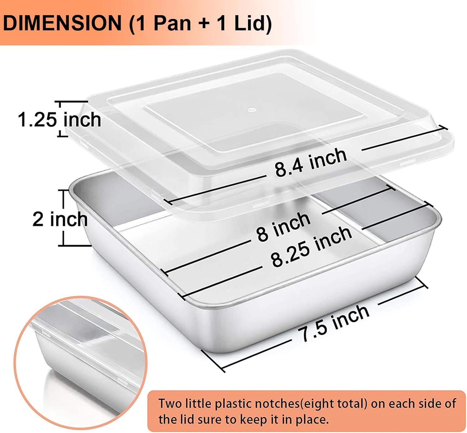 TeamFar Square Cake Pan with Lid (1 Pan & 1 Lid), 8 Inch Square Stainless Steel Baking Tray Cake Brownie Tin For Meal Prep Storage Transporting Food, Healthy & Sturdy, Dishwasher Safe - Image 2
