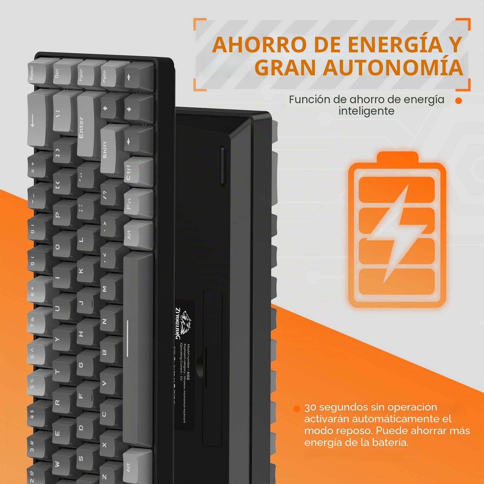 YINDIAO K68 60% Teclado Mecánico Inalámbrico para Juegos,Bluetooth 5.0/2.4Ghz,diseño de América,Mini Teclado Compacto de 68 Teclas con USB A/Type C Receptor,Hot Swap,Interruptor Rojo (Gris Oscuro)