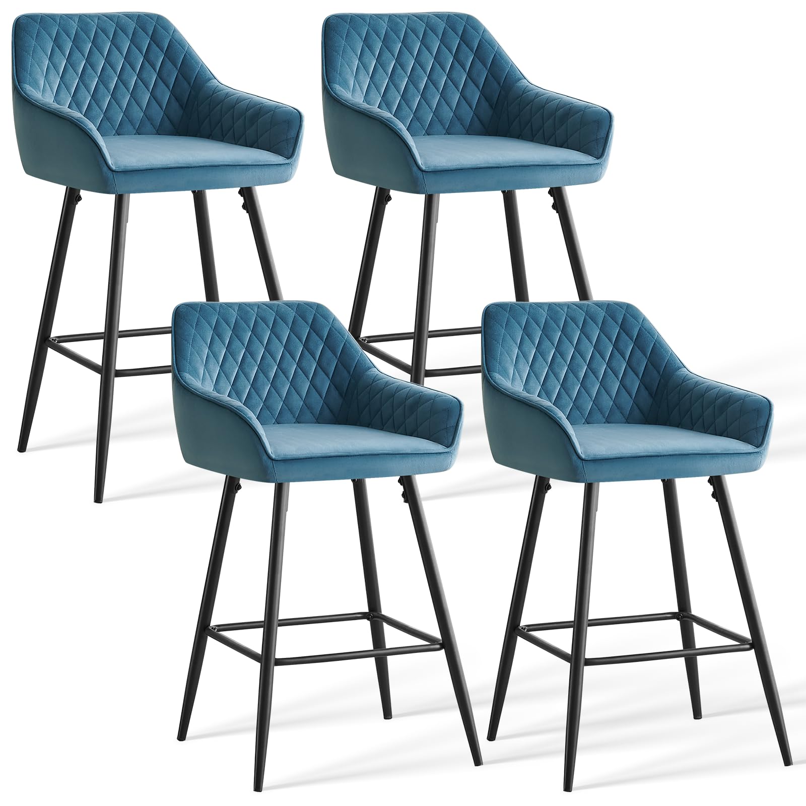 Lot 4 Tabourets de Bar Bleu-Vert, Chaises de Salon, Chaises de Bar, Siège en Velours avec Dossier, Accoudoir et Repose-Pieds Métallique pour Bistrots,Bar,Bureau (4, Bleu-Vert)