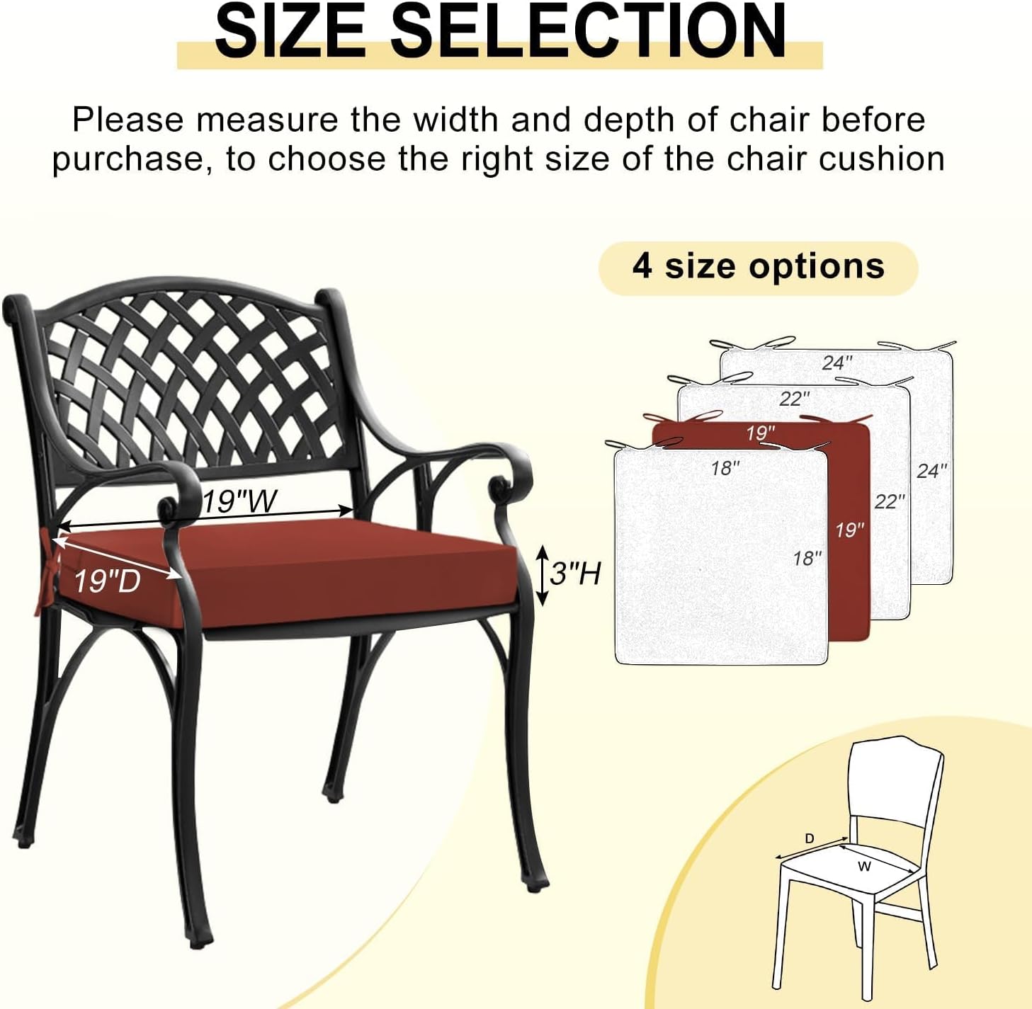 downluxe Waterproof Outdoor Chair Cushions Set of 4, 19" x 19" x 3" Patio Chair Cushion with Non-Slip Ties & Handle, Square Outdoor Cushion for Patio Furniture with Removable Cover, Orange