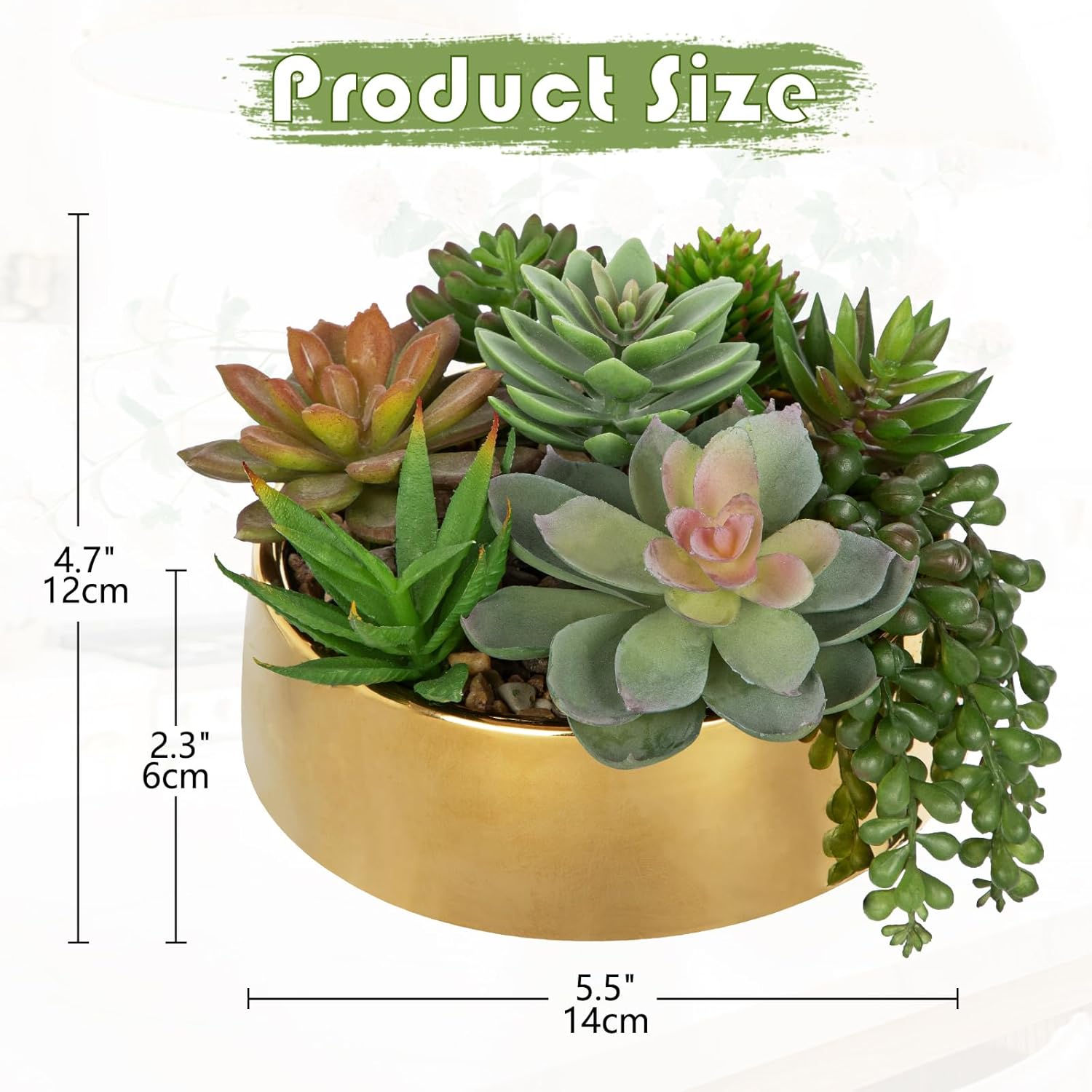 DILATATA Artificial Succulent Plants in Pot 5.5 Inch Fake Succulents Arrangement Potted Plant in Gold Ceramic Planter Bowl for Home Office Desk Shelf Living Room Bedroom Bathroom Decor