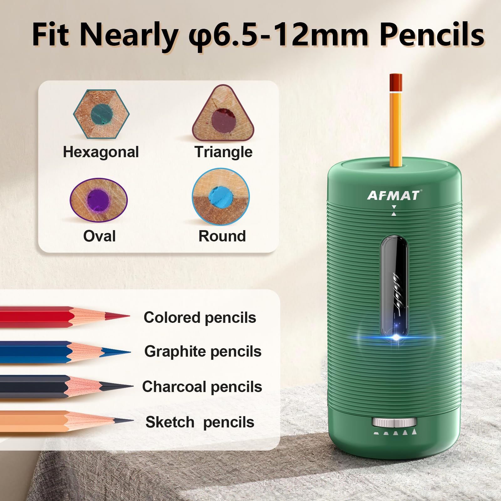 AFMAT Elektrischer Anspitzer mit Behälter, Aufladbarer Automatischer Spitzer für Dicke Farbstifte 6,5-12mm,USB Aufladbar Tragbarer Bleistiftschärfer mit Einstellbaren Spitzen für Schule/Büro,Grün PSC2