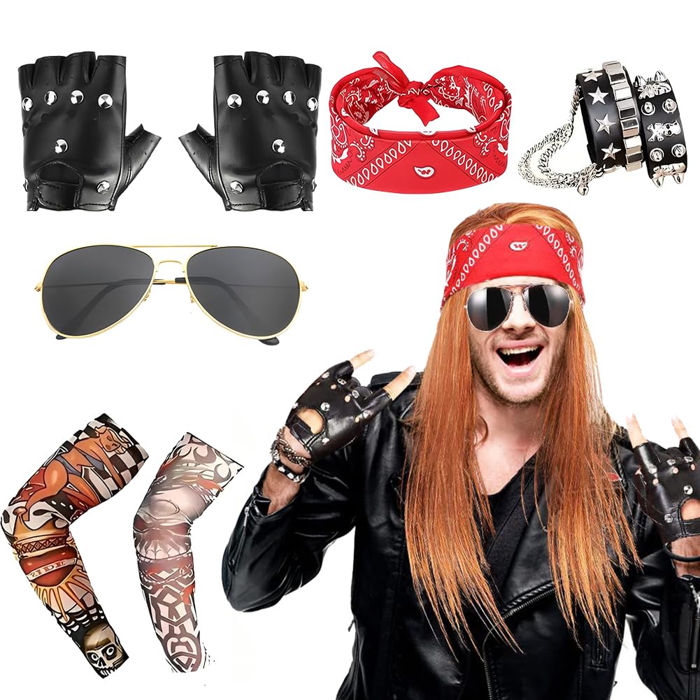 8Pcs Punk Gothic Rocker Costume Set, Punk Accessories with Retro Sunglasses Gloves Bandana Fake Tattoo Sleeves Bracelet scarf Rock Star Heavy Metal Set for Women Men Halloween 80s Disco Party