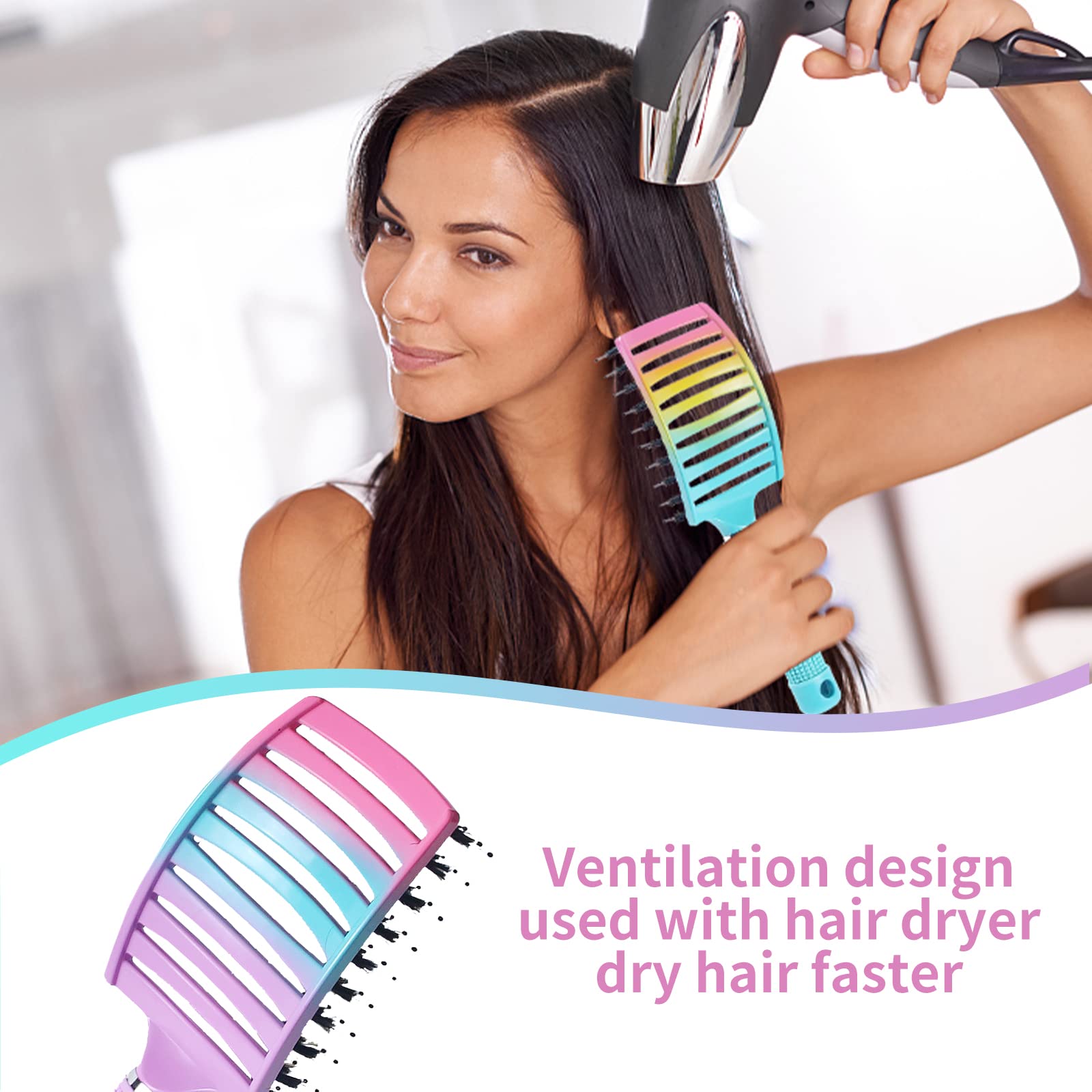 Paquete de 2 cepillos para desenredar nudos sin dolor, añade brillo y hace que el cabello sea suave, cepillo de cerdas de jabalí desenredante para adultos y niños, cabello húmedo o seco (verde y rosa)