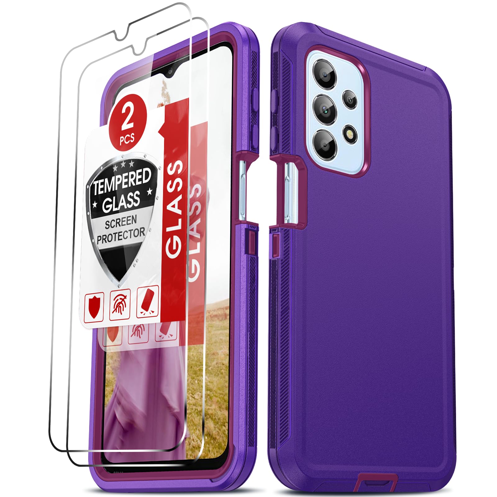 LeYi Compatible for Samsung Galaxy A23 Case:【Not Fit A23 5G UW Verizon】 with 2PCS Tempered Glass Screen Protectors, 3 in 1 Full Body Shockproof Dustproof Rugged Case, Rose Red/Puple