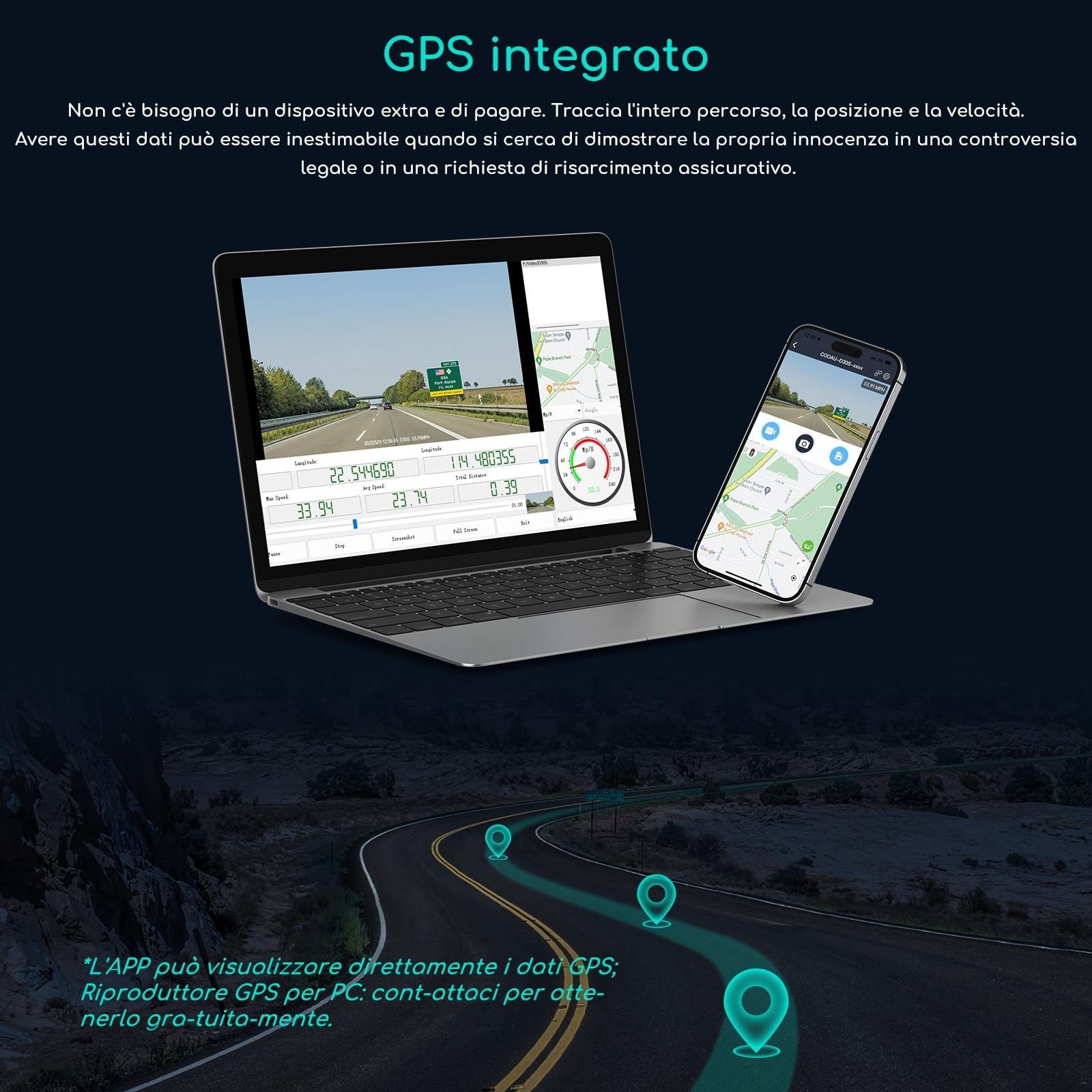 COOAU D30S 4K Dash Cam Auto con GPS Wi-Fi - Doppia Dashcam Auto Anteriore e Interna 2.5K 1080P, Con Visione Notturna a Infrarossi, Sensore G, Modalità Parcheggio, Registrazione in Loop