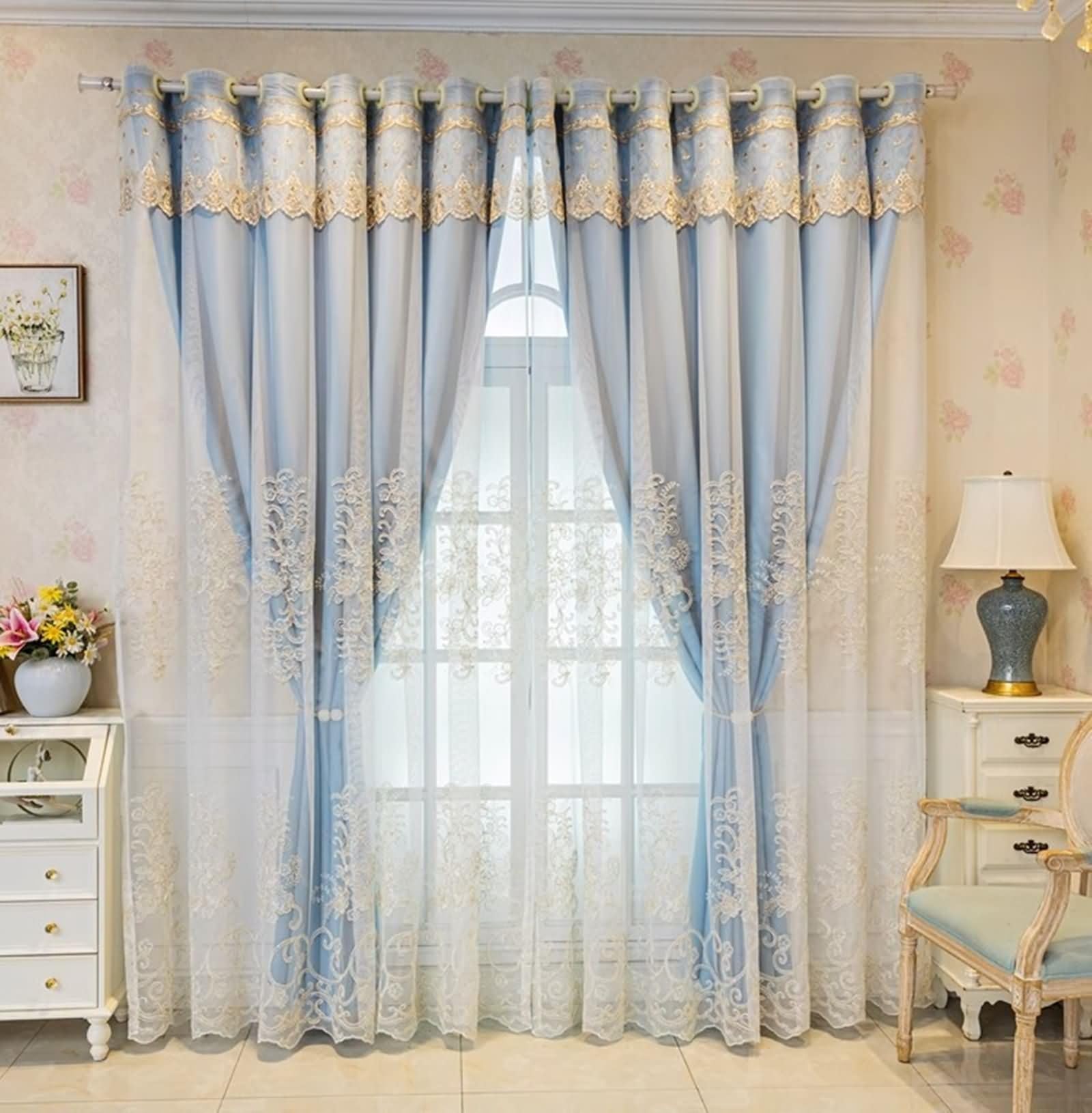 Beydodo Rideau Opaque Occultant, Rideaux Chambre Decoratif 137 x 214 Oeillet, Aspect Floral Brodé 2 Pièce, Polyester